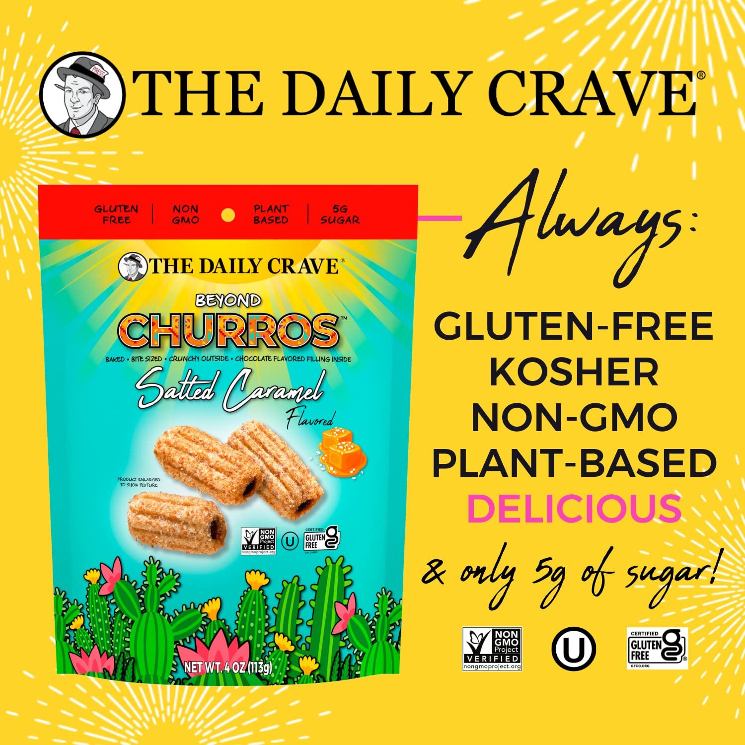 The Daily Crave Beyond Churros, Salted Caramel, 4 Oz (Pack Of 6) Plant Based Protein, Dairy And Soy-Free, Gluten-Free, Non-Gmo, Vegan, Multigrain