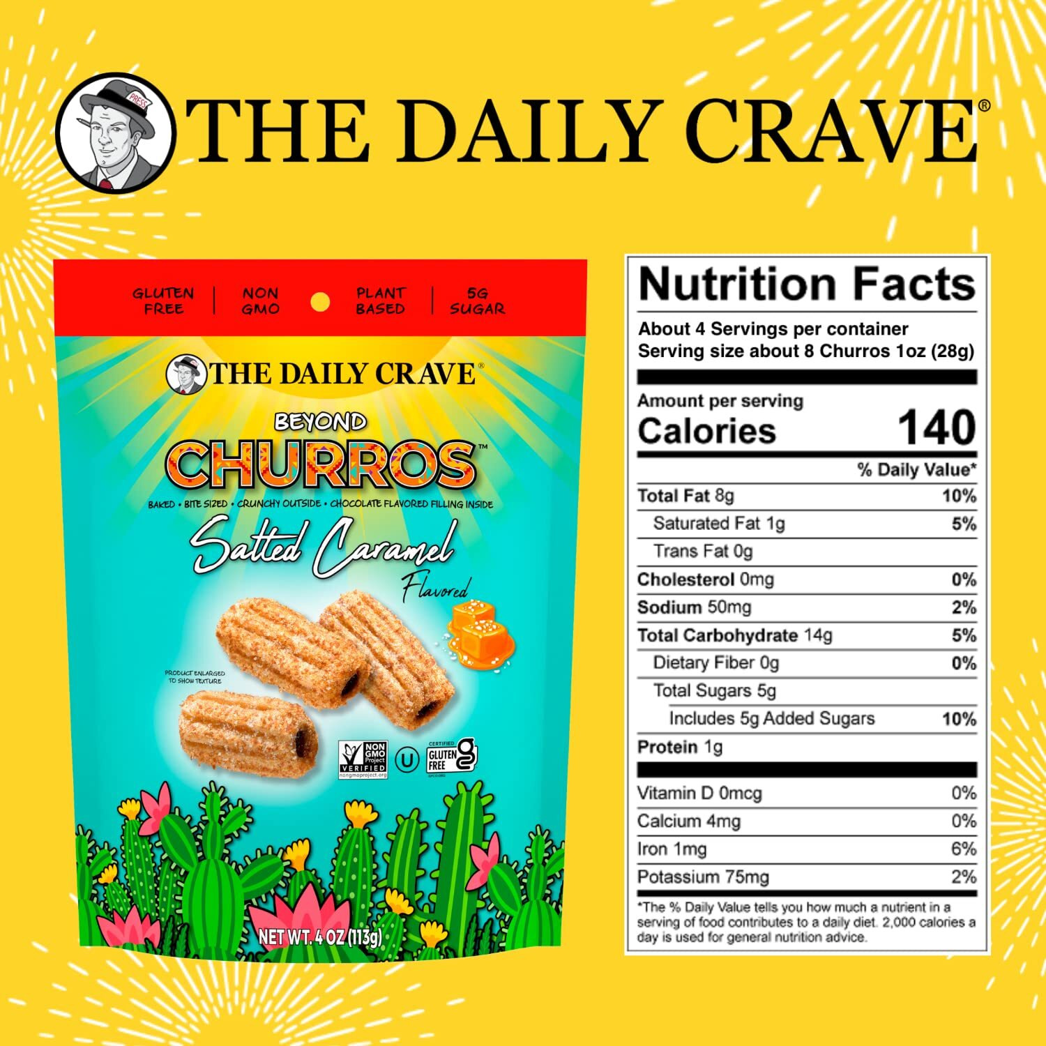 The Daily Crave Beyond Churros, Salted Caramel, 4 Oz (Pack Of 6) Plant Based Protein, Dairy And Soy-Free, Gluten-Free, Non-Gmo, Vegan, Multigrain
