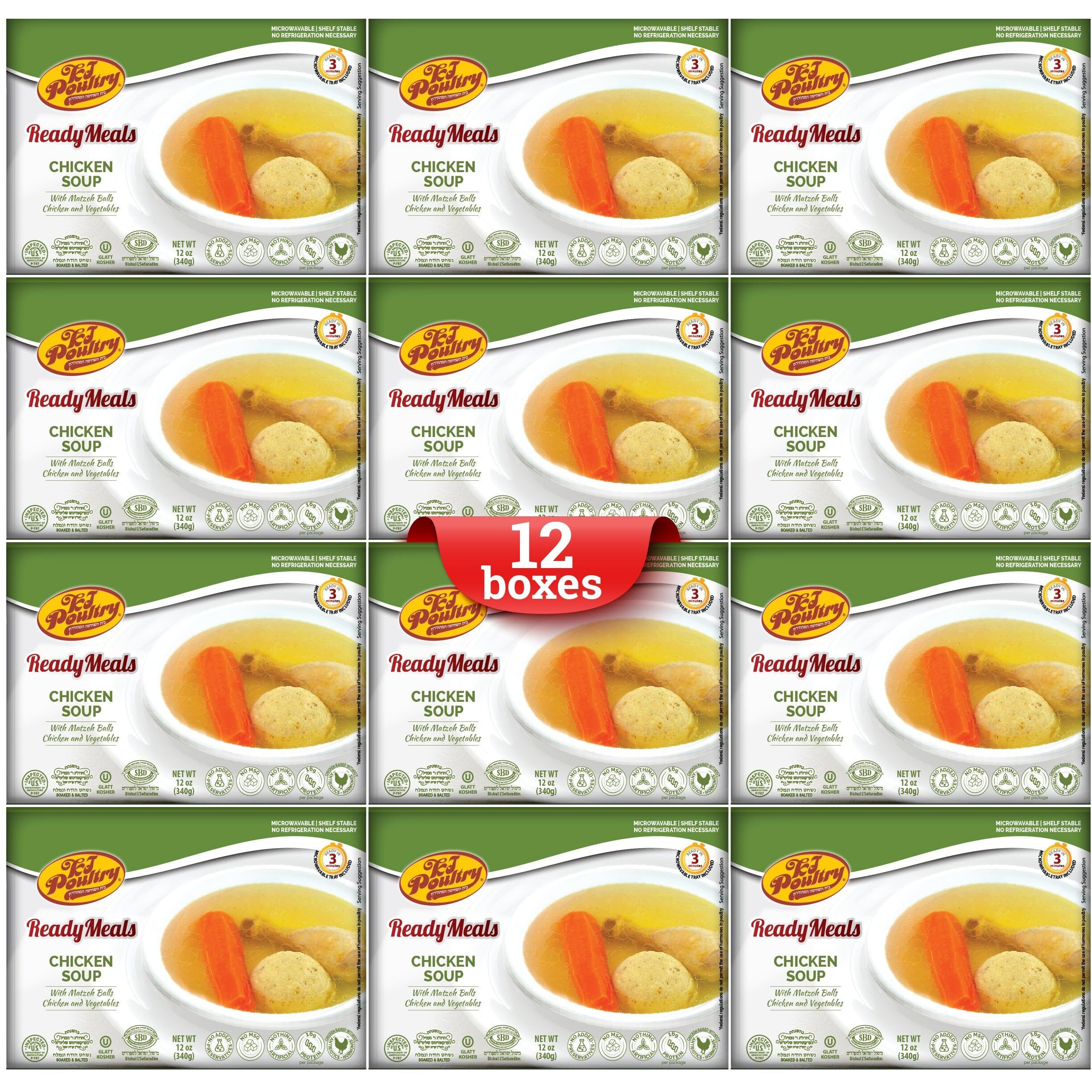 Kosher Matza Ball Chicken Soup & Vegetables, Chometz Not For Passover, Mre Meat Meals Ready To Eat, Shabbos Food (12 Pack) Prepared Entree Fully Cooked, Shelf Stable Microwave Dinner - Travel, Camping