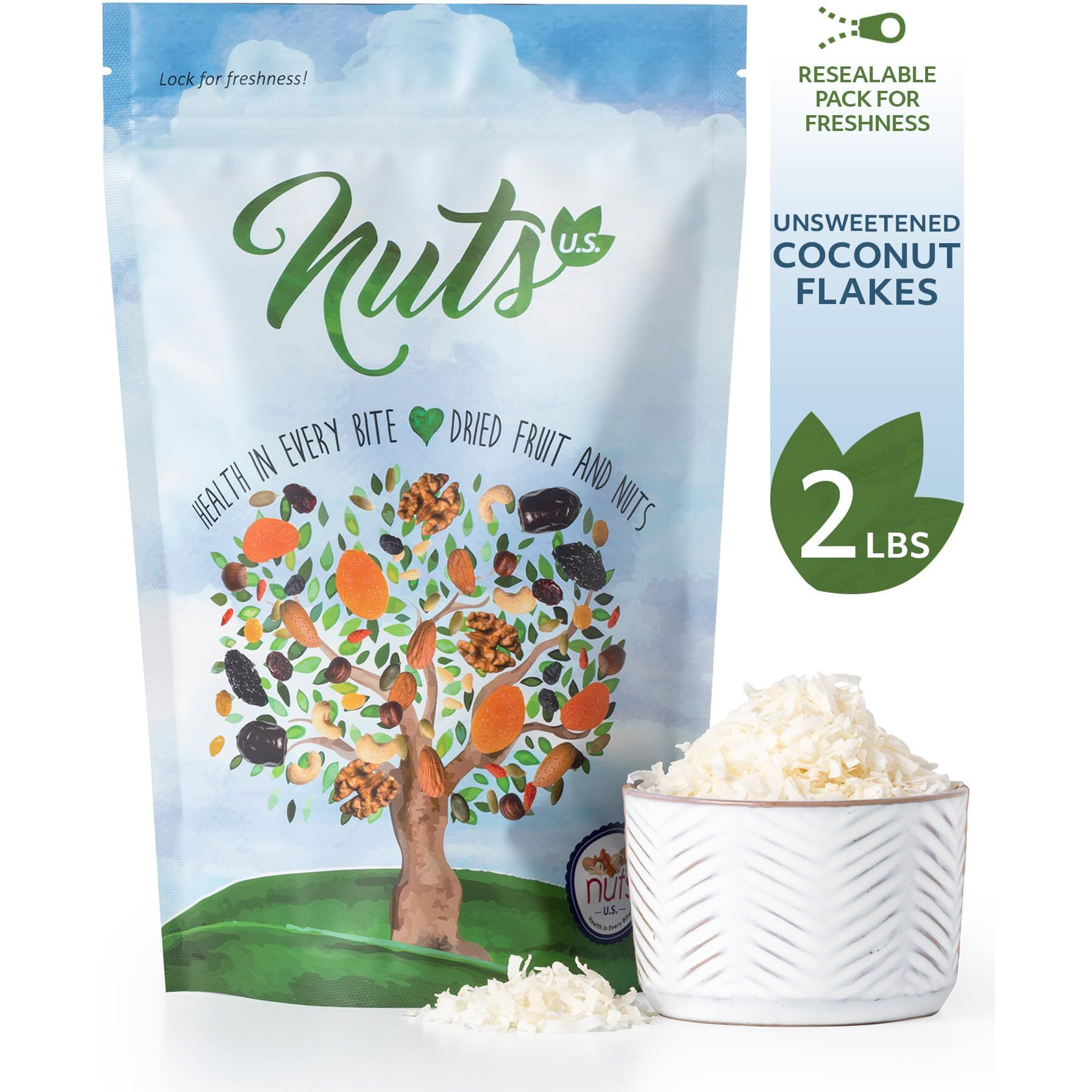 Nuts U.S. - Unsweetened Shredded Coconut Flakes | Thin & Feathery Flakes Of Coconuts | Mild, Fresh And Characteristics Of Coconut | No Additional Color & Flavor | Non-Gmo And Natural (2 Lbs)