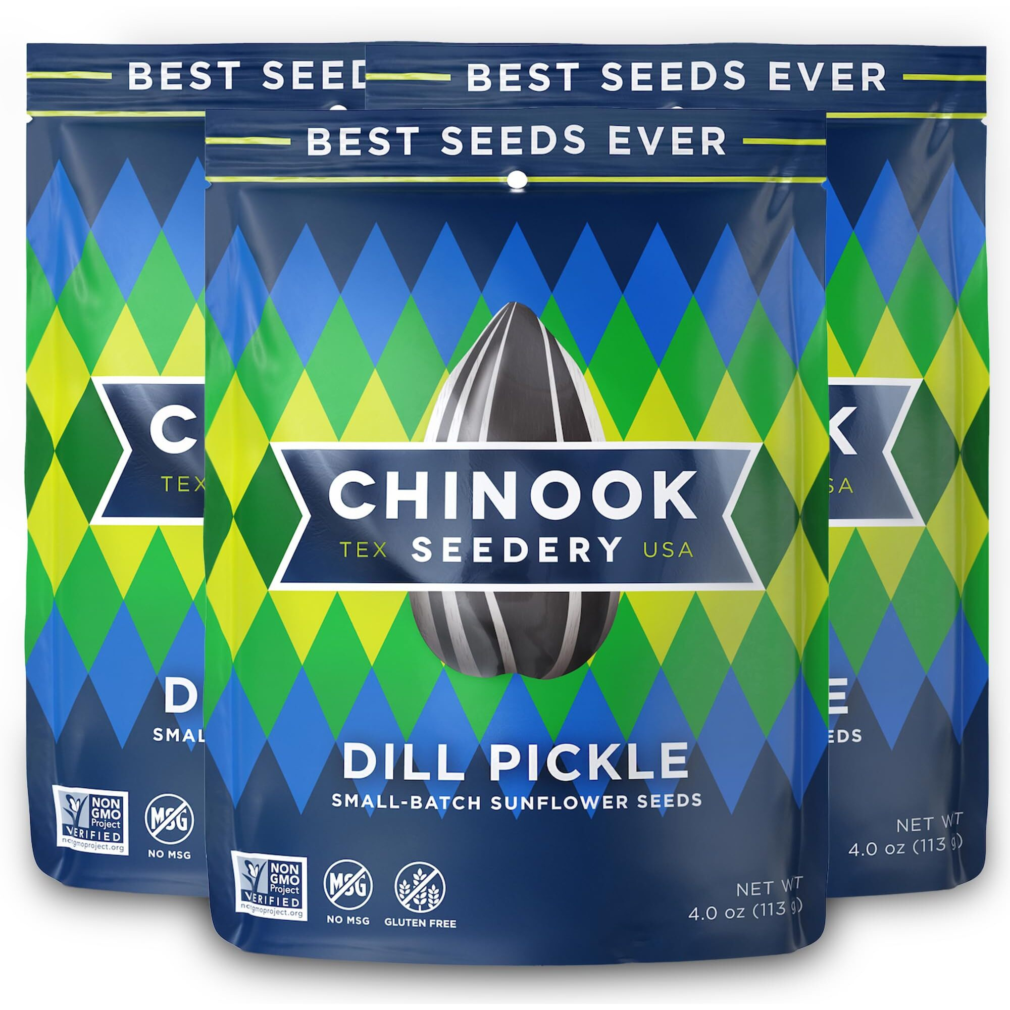 Chinook Seedery Roasted Sunflower Seeds - Jumbo Seeds Keto Snacks - Best For Snack Packs - Gluten Free, Non Gmo Snack Food Gifts - 4 Ounce (Pack Of 3) - Dill Pickle Flavor Pack