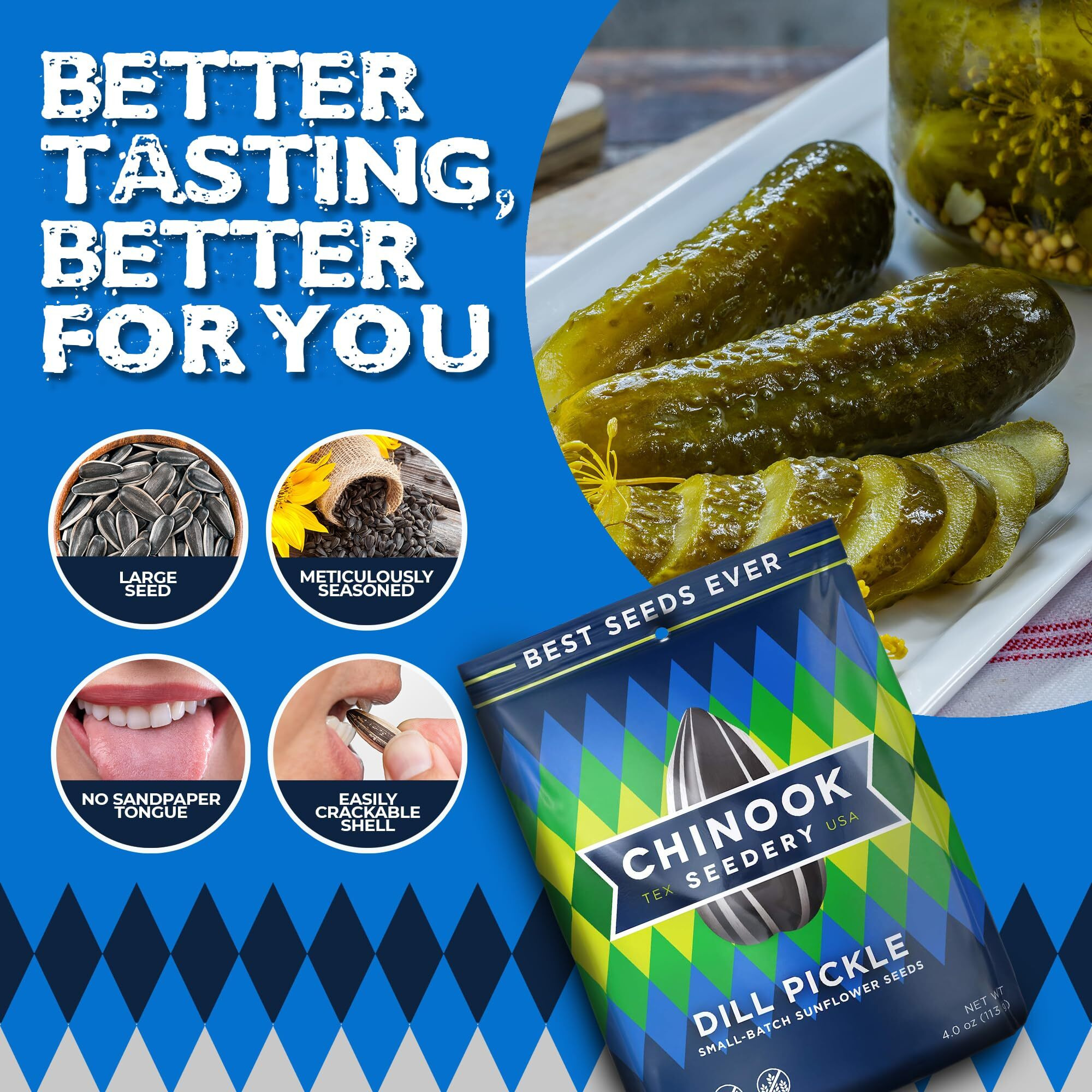 Chinook Seedery Roasted Sunflower Seeds - Jumbo Seeds Keto Snacks - Best For Snack Packs - Gluten Free, Non Gmo Snack Food Gifts - 4 Ounce (Pack Of 3) - Dill Pickle Flavor Pack
