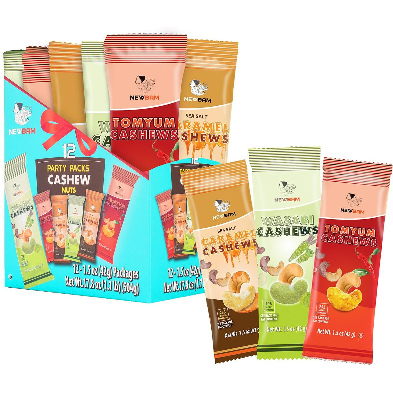 Newbam 3 Flavor Cashew Snack Mix (Wasabi, Tom Yum, Caramel) - 12 Individual Packs (1.5Oz) - Healthy Party Snacks, Keto, Vegan, Gluten-Free Nuts