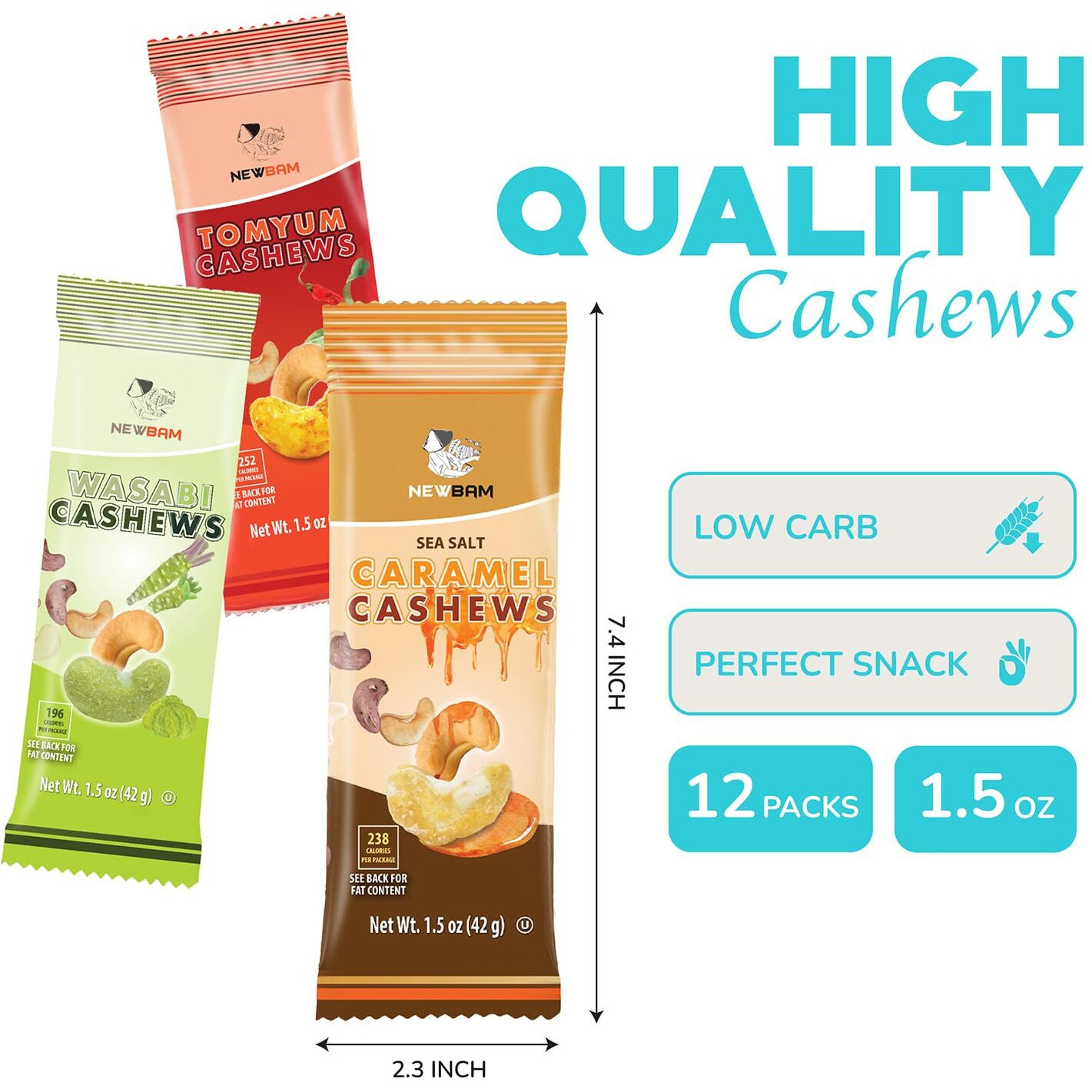 Newbam 3 Flavor Cashew Snack Mix (Wasabi, Tom Yum, Caramel) - 12 Individual Packs (1.5Oz) - Healthy Party Snacks, Keto, Vegan, Gluten-Free Nuts