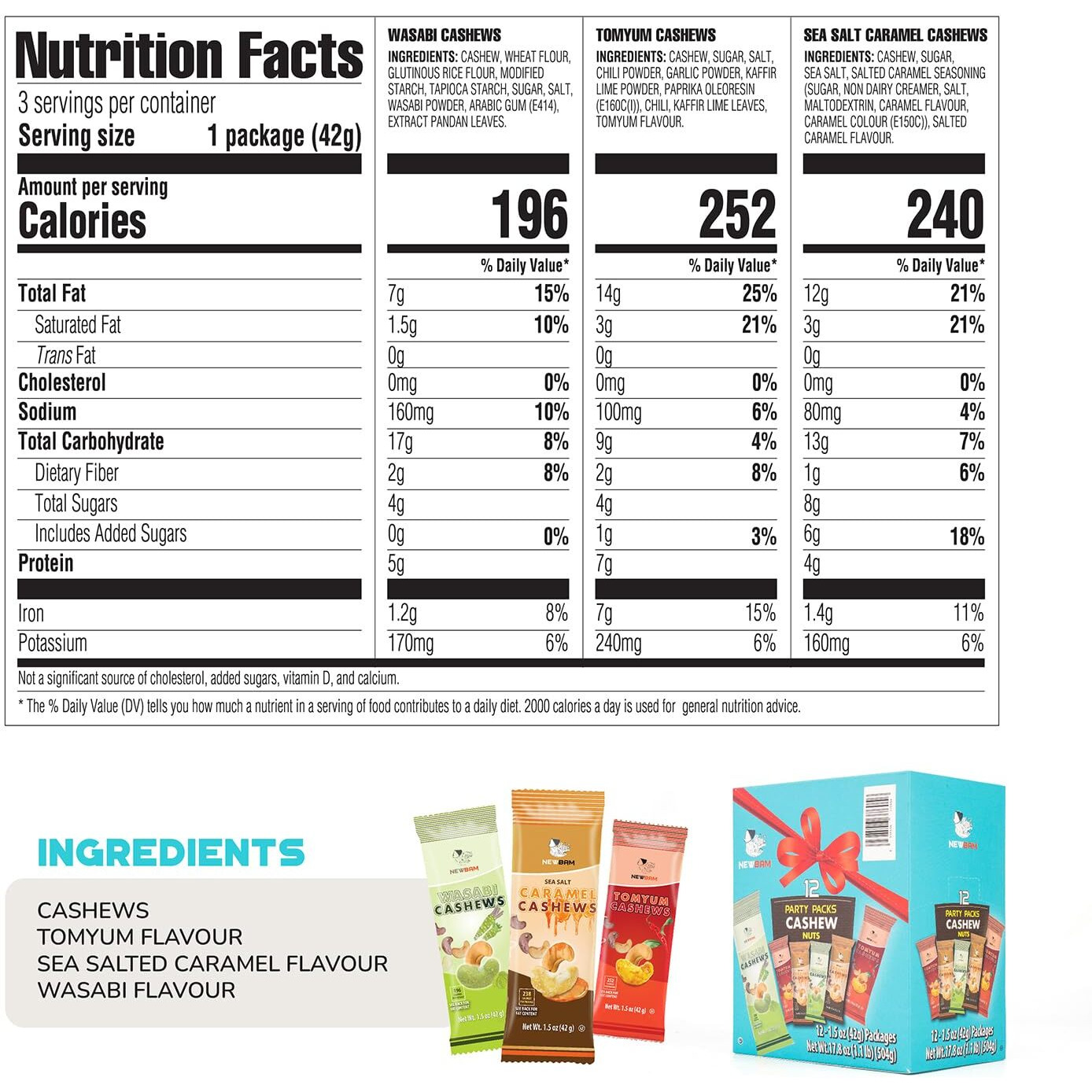 Newbam 3 Flavor Cashew Snack Mix (Wasabi, Tom Yum, Caramel) - 12 Individual Packs (1.5Oz) - Healthy Party Snacks, Keto, Vegan, Gluten-Free Nuts