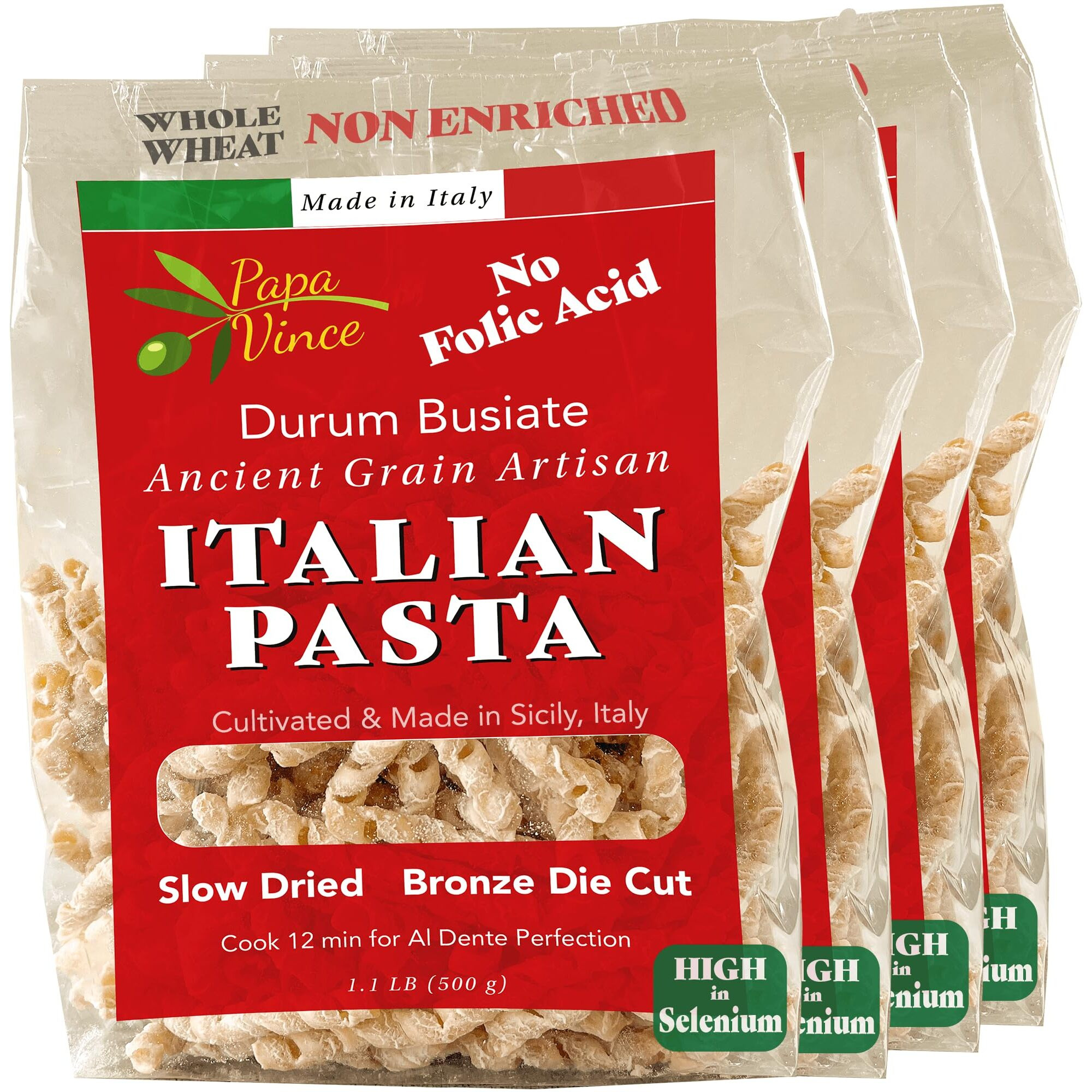 Papa Vince Whole Wheat Pasta - Non Enriched, No Bleached Made From Ancient Grains Grown In Sicily, Italy. No Funny Taste. Al Dente Texture Even If Reheated. Minimal Processing. Small Batch Production