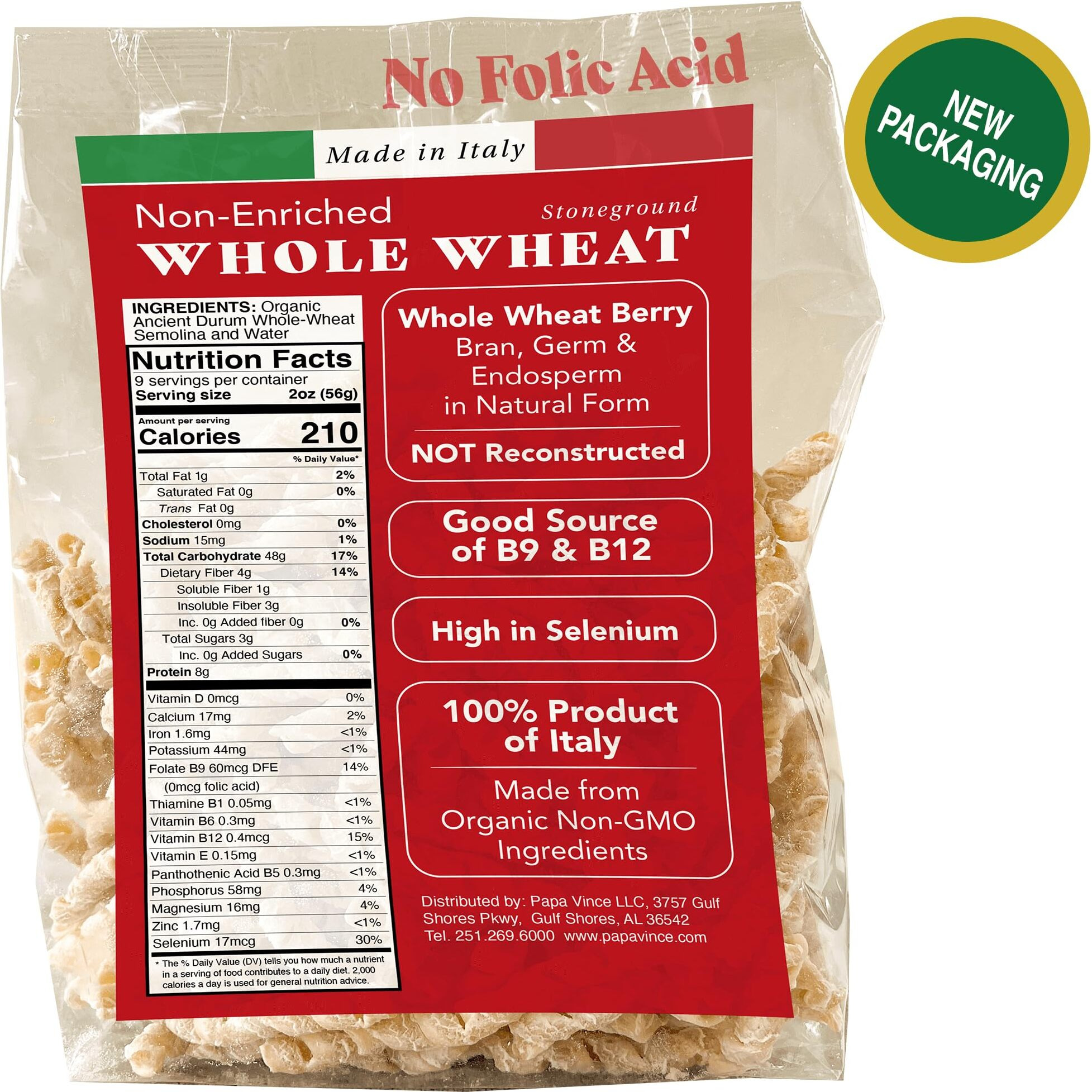 Papa Vince Whole Wheat Pasta - Non Enriched, No Bleached Made From Ancient Grains Grown In Sicily, Italy. No Funny Taste. Al Dente Texture Even If Reheated. Minimal Processing. Small Batch Production