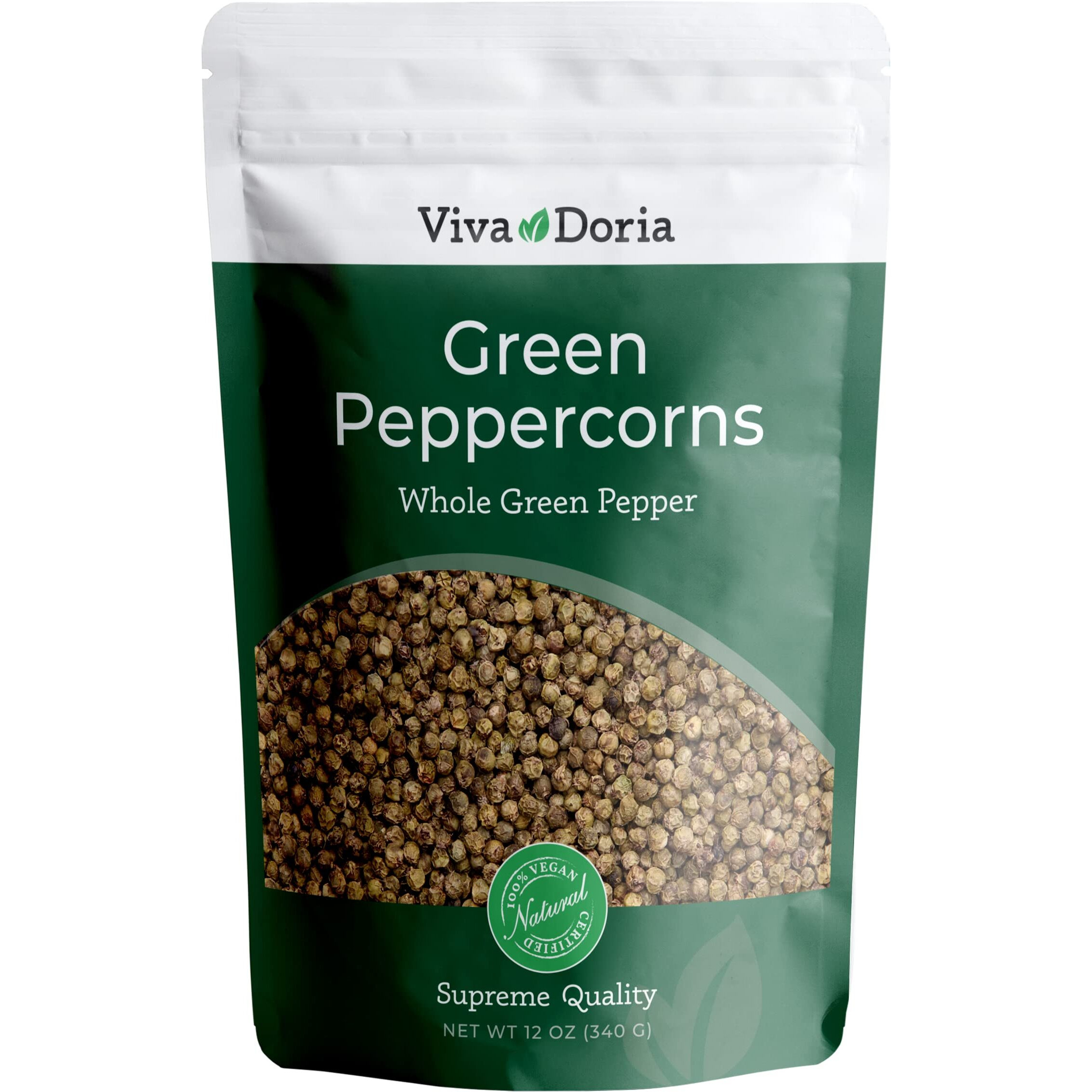 Viva Doria Green Peppercorns, Whole Green Pepper, Steam Sterilized,12 Oz, For Grinder Refills