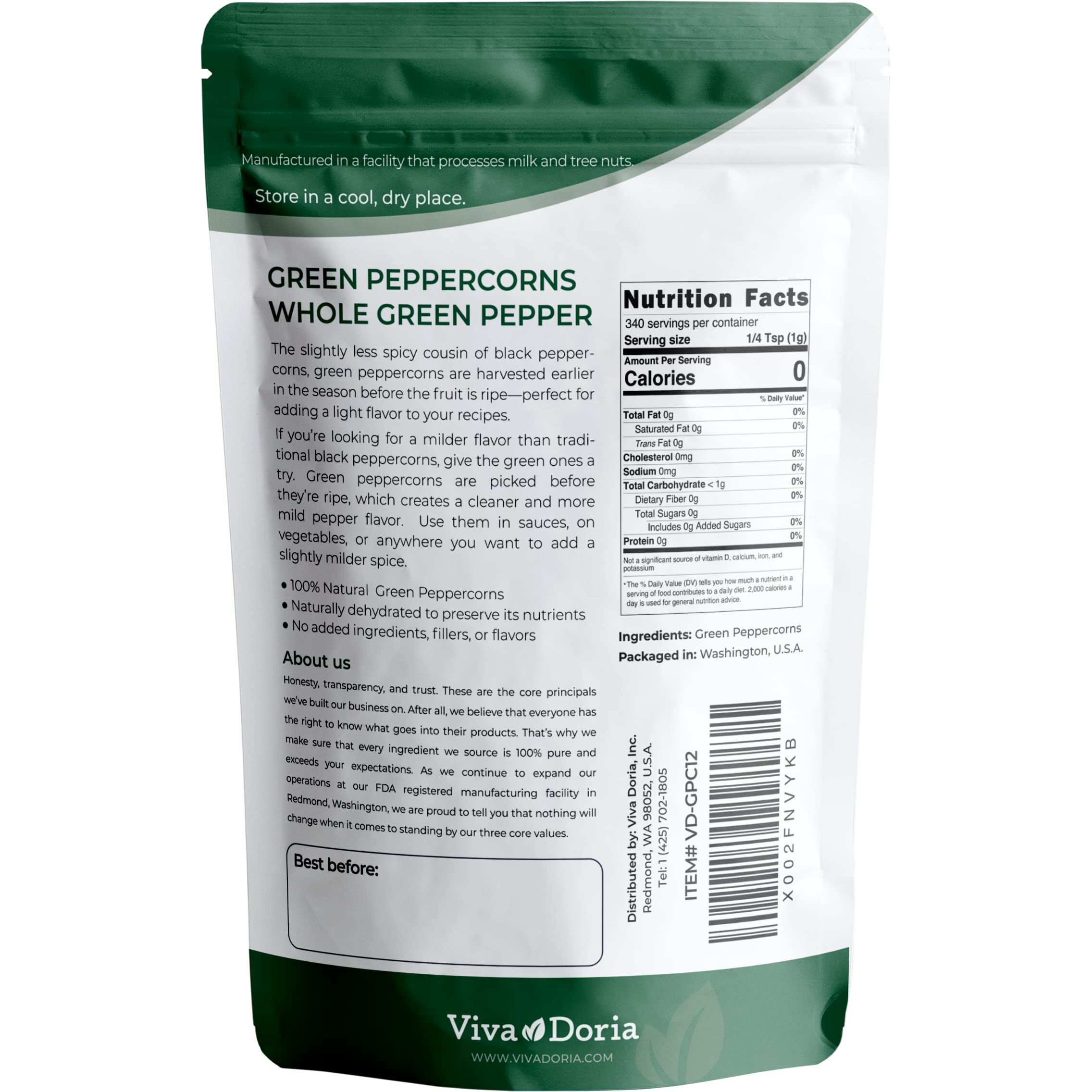 Viva Doria Green Peppercorns, Whole Green Pepper, Steam Sterilized,12 Oz, For Grinder Refills