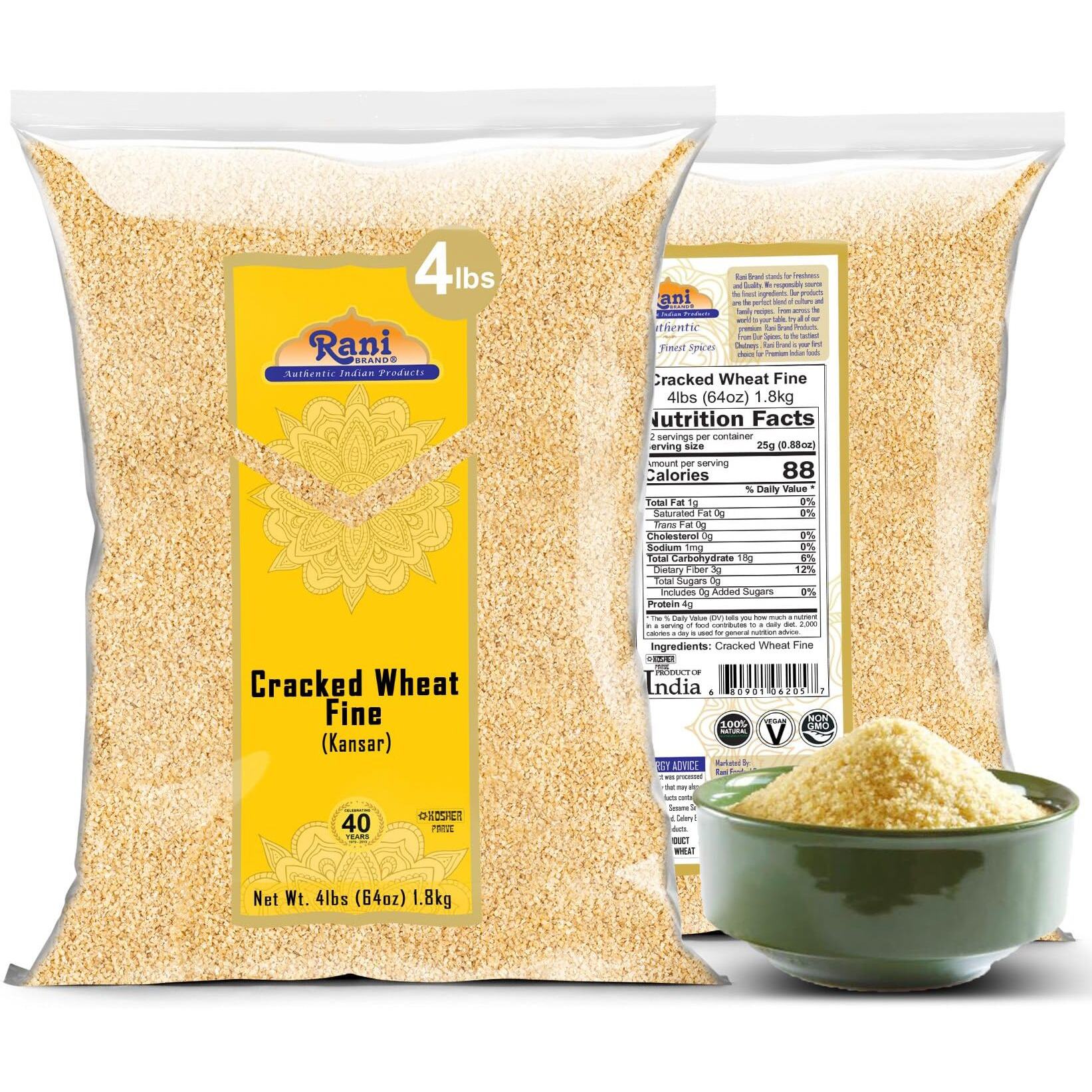 Rani Cracked Wheat Fine (Kansar/Bulgur Wheat1) 64Oz (4Lbs) 1.81Kg Bulk ~ All Natural | Vegan | Gluten Friendly | Non-Gmo |Kosher | Indian Origin