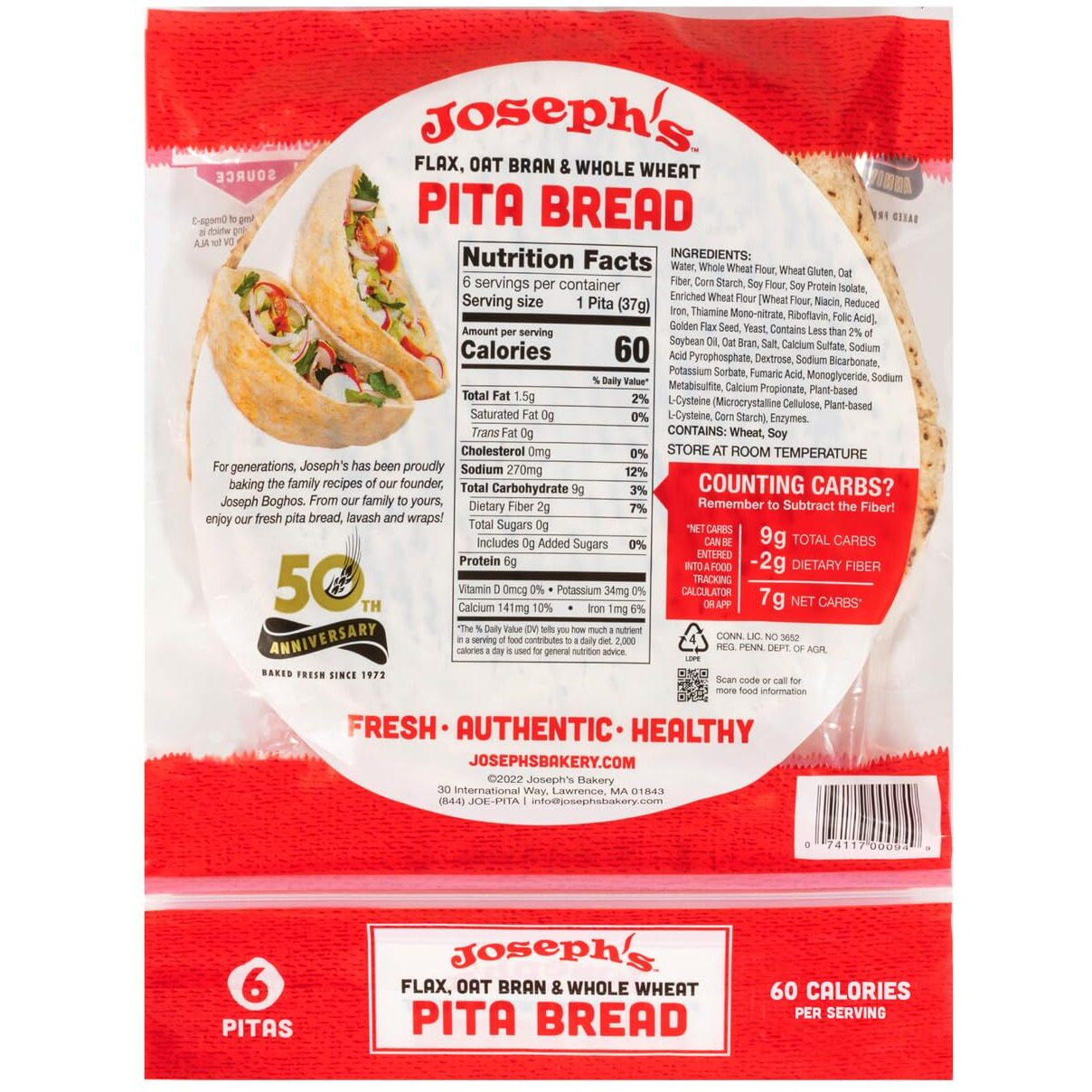 Joseph's Combo Value Pack, Flax, Oat Bran & Whole Wheat, Low Carb Pita Bread, Lavash Bread, And Mini Pita, Fresh Baked (2 Packs Each, 6 Packages Total)