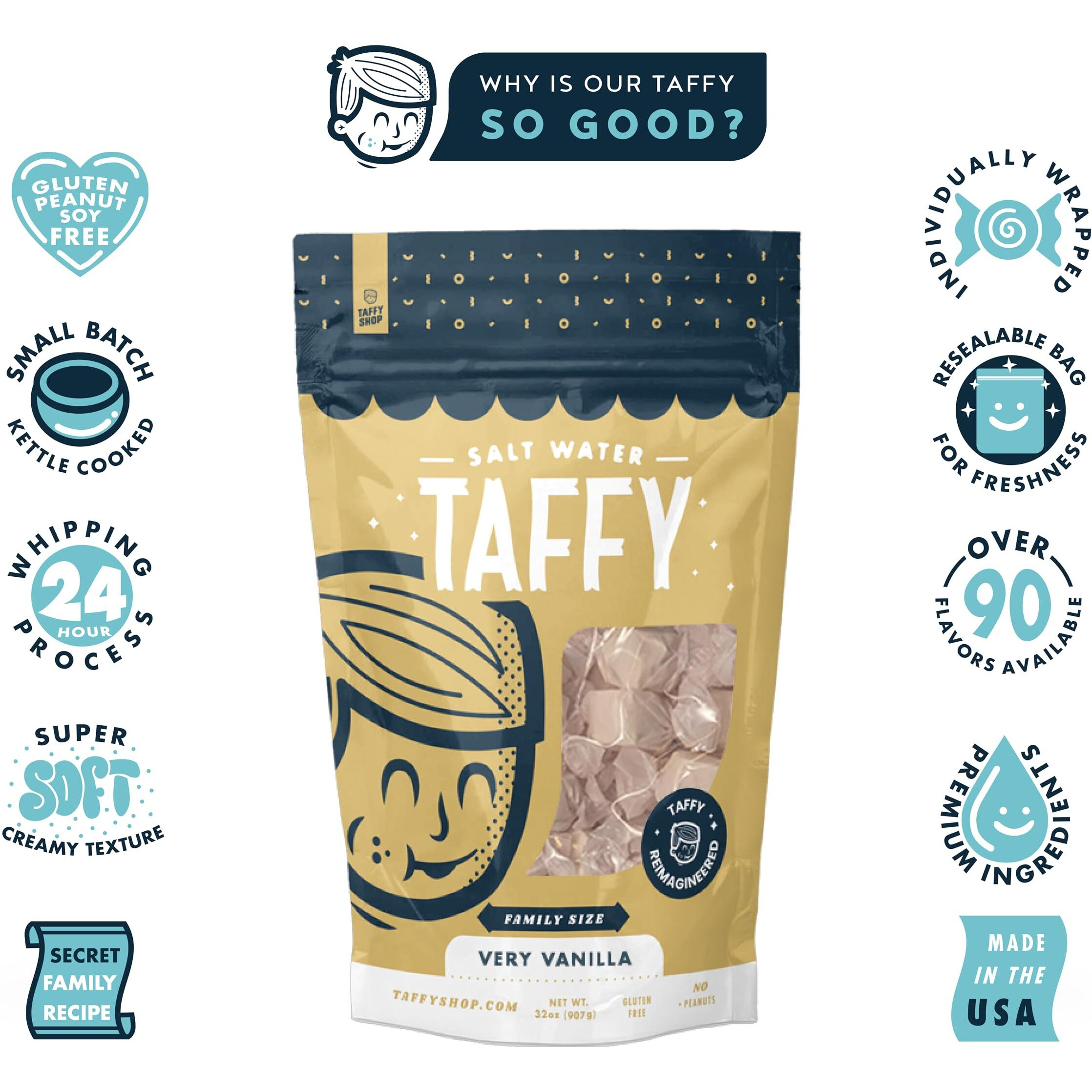 Taffy Shop Very Vanilla Salt Water Taffy - Small Batch Salt Water Taffies Made In The Usa - Super Soft, Sweet, Taffy Candy - Guaranteed Fresh - Gluten-Free, Soy-Free, Peanut Free - Family (32Oz) Bag
