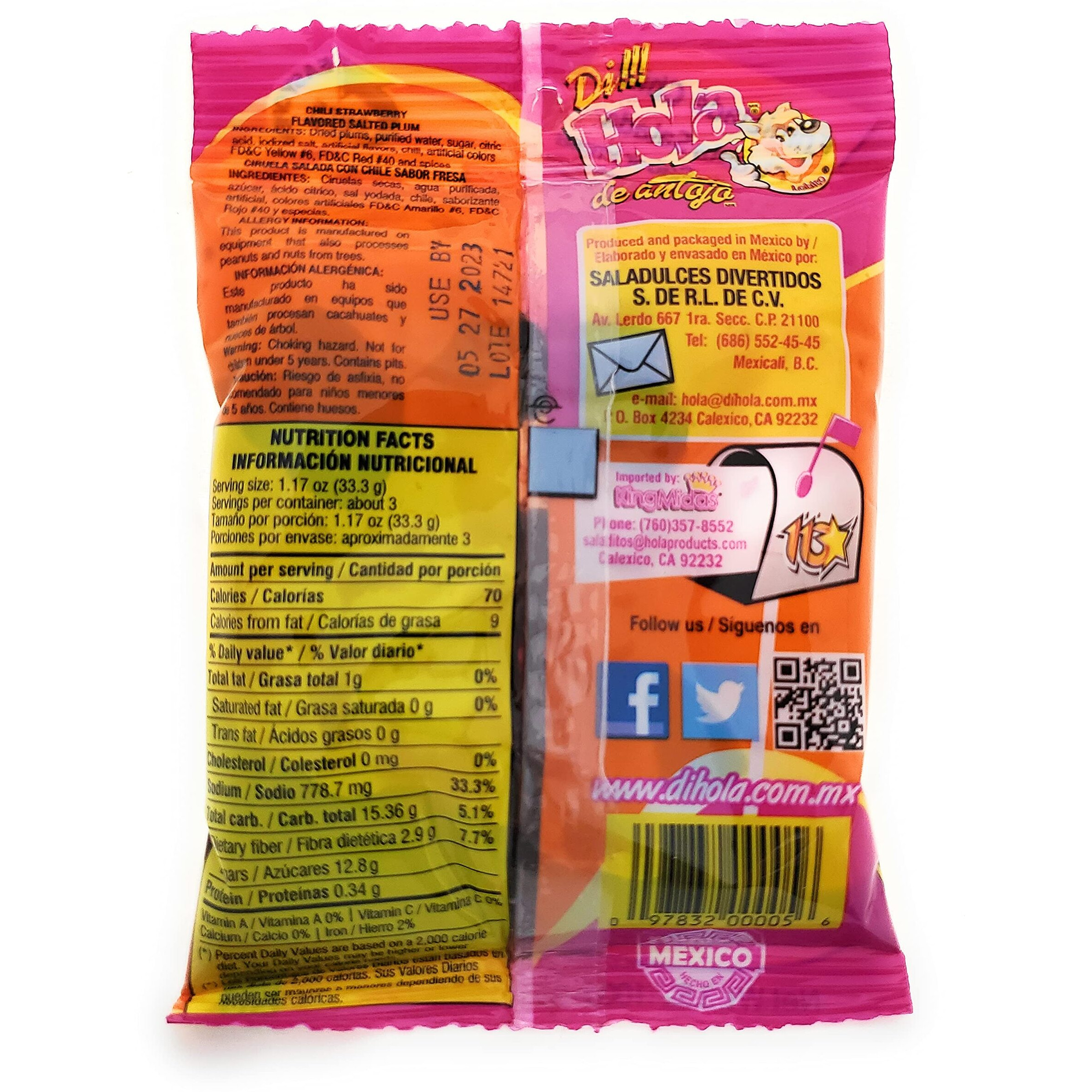 Salado Enmielado Con Chile - Saladulces Hola Lobito - Strawberry Flavored Salted Plums - 3.5 Oz - 3 Units