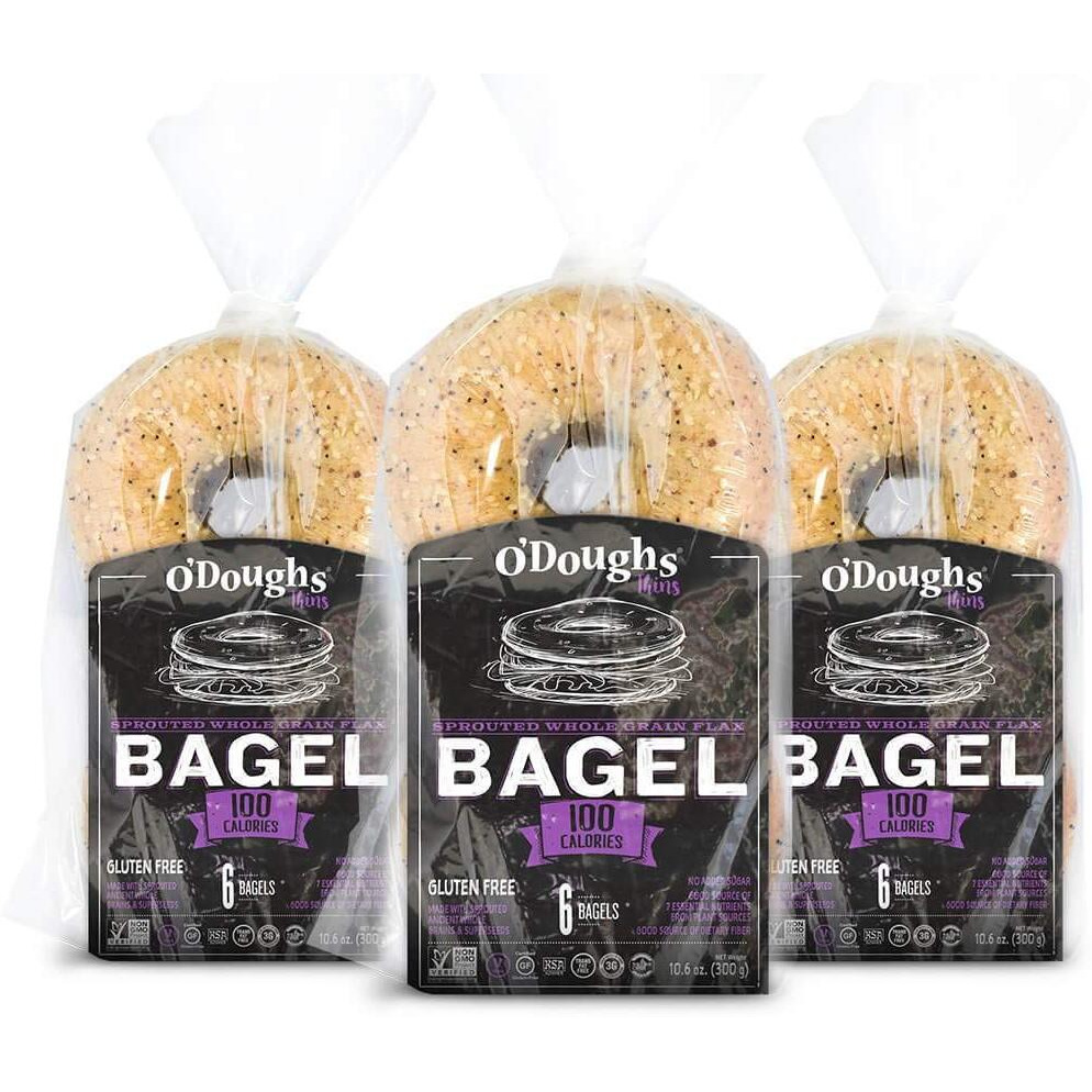 O 'Dough Thins Gluten Free Bagels, Sprouted Whole Grain Flax, 100 Calorie Bagels, Presliced, 10.58 Ounce [3 Packs]