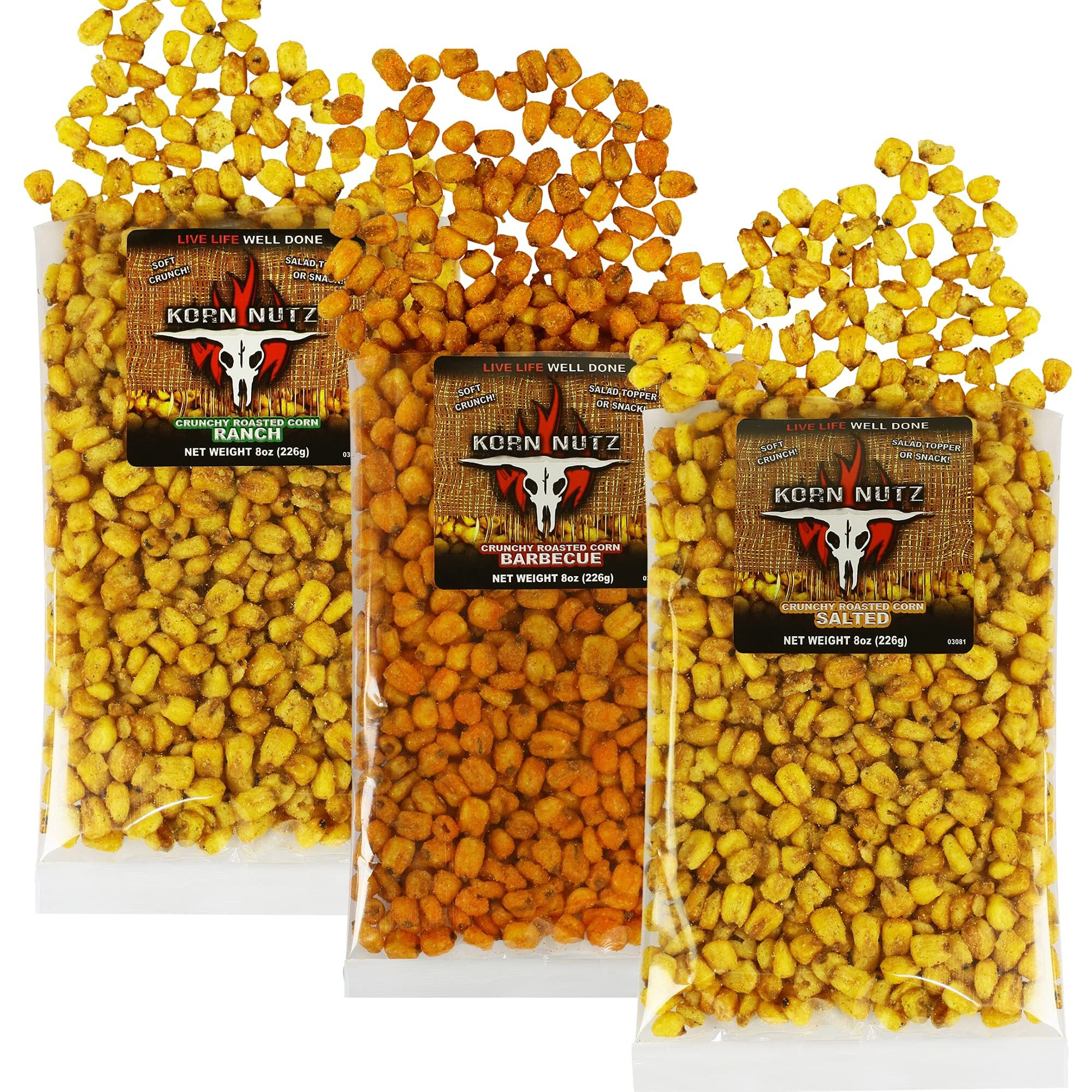 Ranch, Bbq, Salted Crunchy Corn Kernels | Soft Crunch Toasted Corn Variety Pack | Runnin Wild Foods | 1.5-Pound Total (Box Of 3 Bags, 8Oz Each)