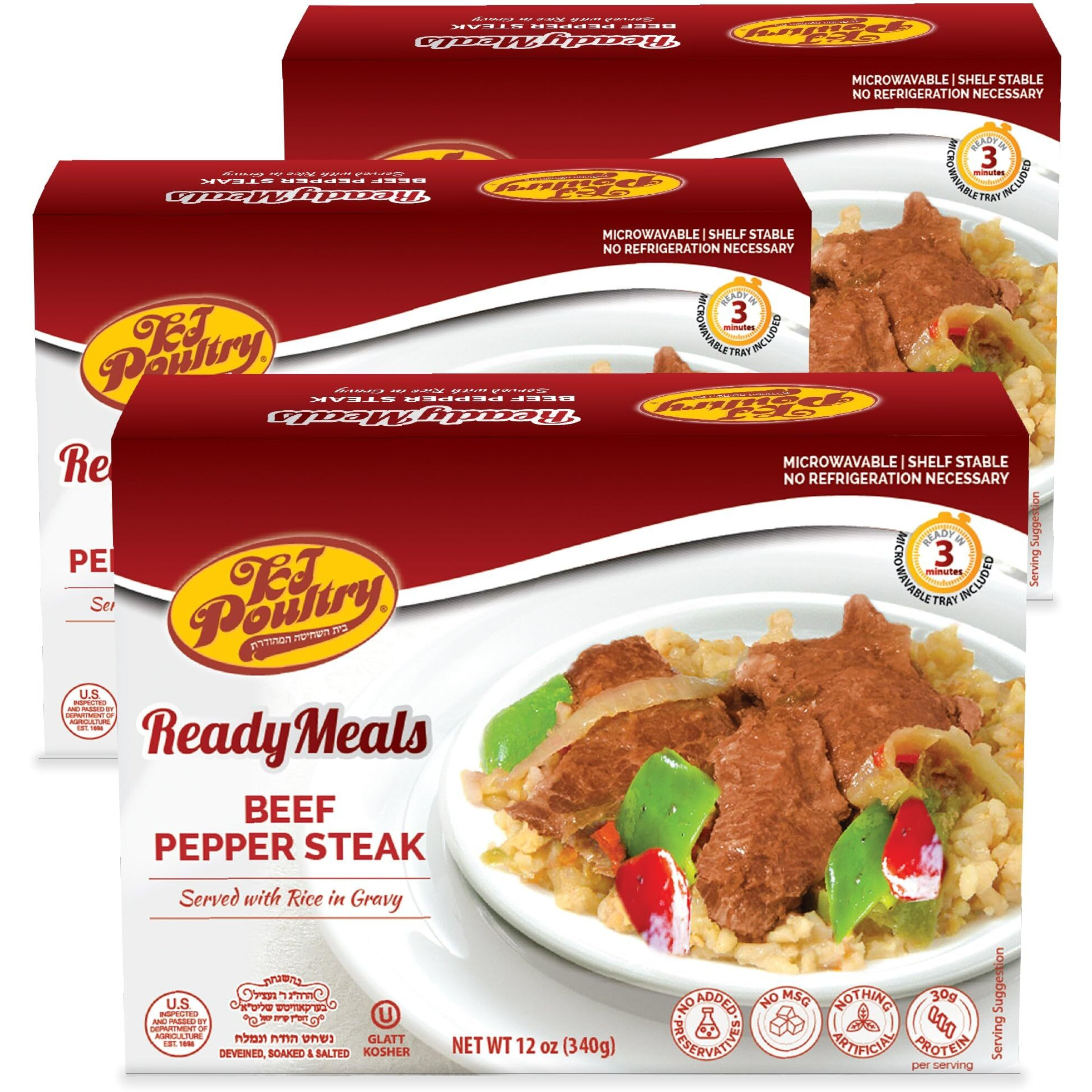 Kosher Beef Pepper Steak & Rice, Mre Meat Meals Ready To Eat (3 Pack) Prepared Entree Fully Cooked, Shelf Stable Microwave Dinner - Travel, Military, Camping, Emergency Survival Protein Food Supply