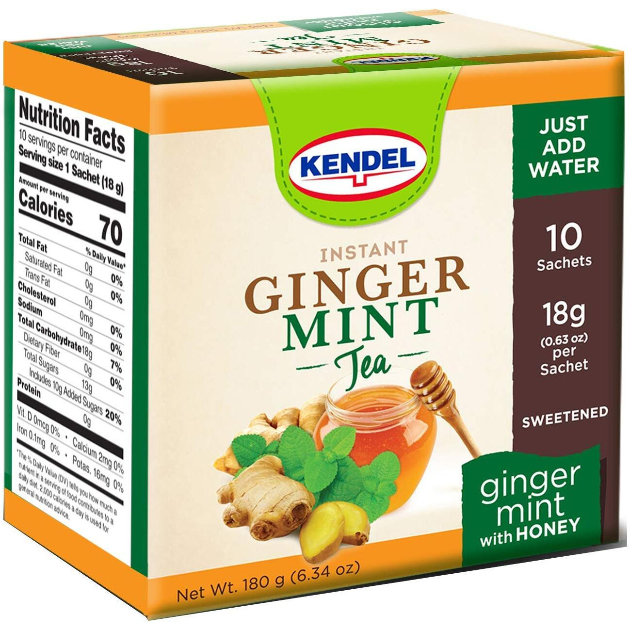 Kendel Instant Ginger Mint With Honey Tea, Caffeine Free (14 Sachets). Soothing Flavor Non-Gmo