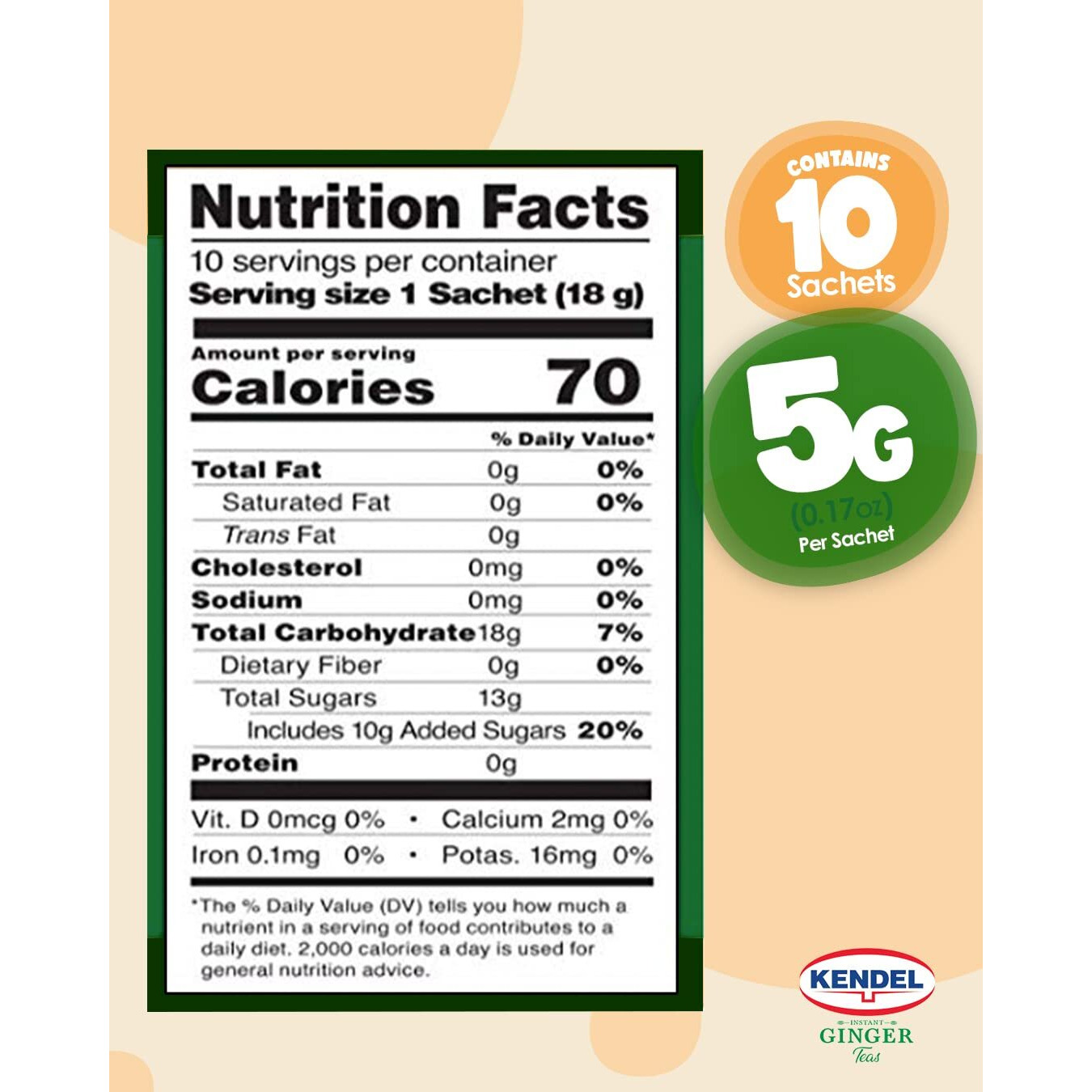 Kendel Instant Ginger Mint With Honey Tea, Caffeine Free (14 Sachets). Soothing Flavor Non-Gmo