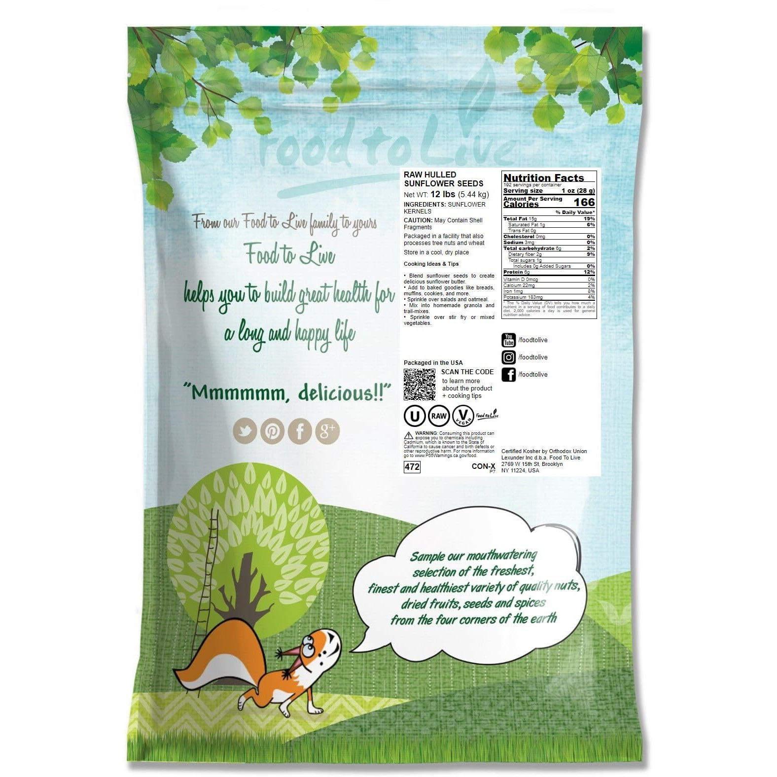 Food To Live Sunflower Seeds, 12 Pounds - Non-Gmo Verified, Kernels, No Shell, Kosher, Raw, Vegan, Sirtfood, Bulk