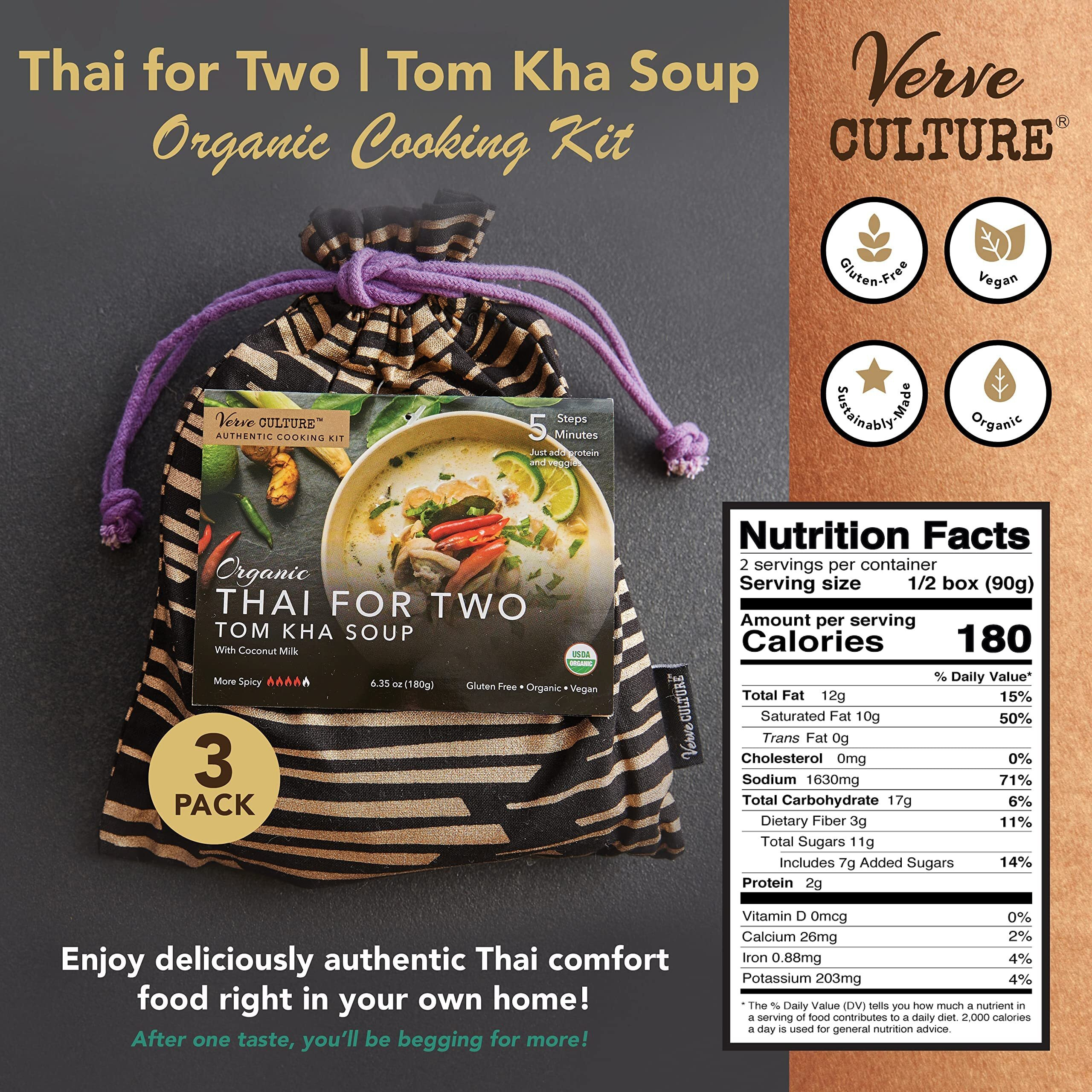 Thai For Two Cooking Kit By Verve Culture | Usda-Organic Tom Kha Soup Cooking Kit | Authentic Thai Cuisine | Unique Cooking Gift Set | Vegan, Gluten-Free | Made In Thailand