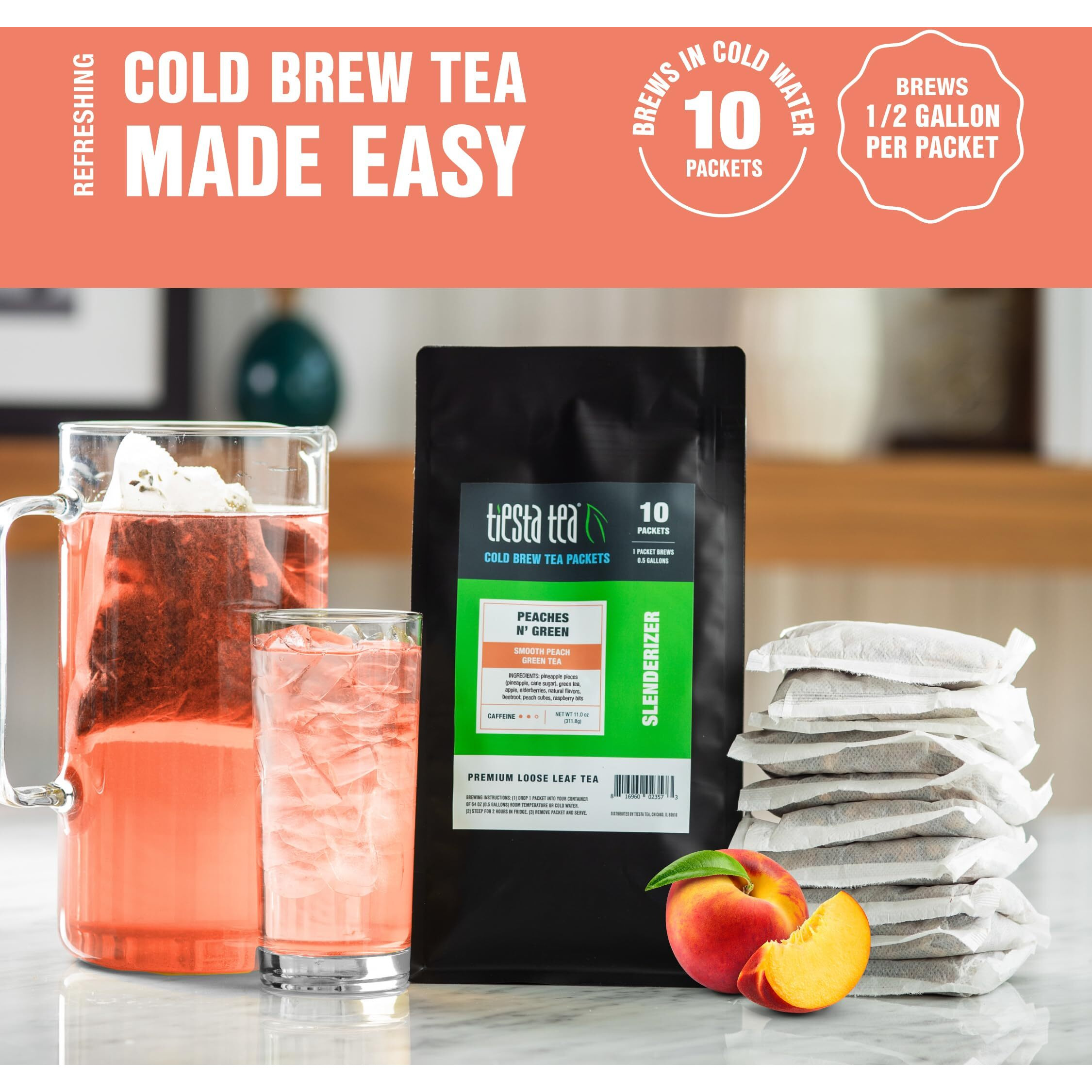Tiesta Tea - Peaches N Green Cold Brew Tea - Smooth Peach Green Tea - Premium Loose Leaf Tea Blend - Medium Caffeinated Iced Tea - Cold Brew Tea Packets - Brews 64 Oz Of Pitcher Per Bag (Pack Of 10)