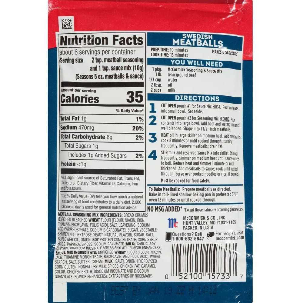 Mccormick Sweedish Meatballs Sauce Mix (2.11 Oz Packets) 4 Pack