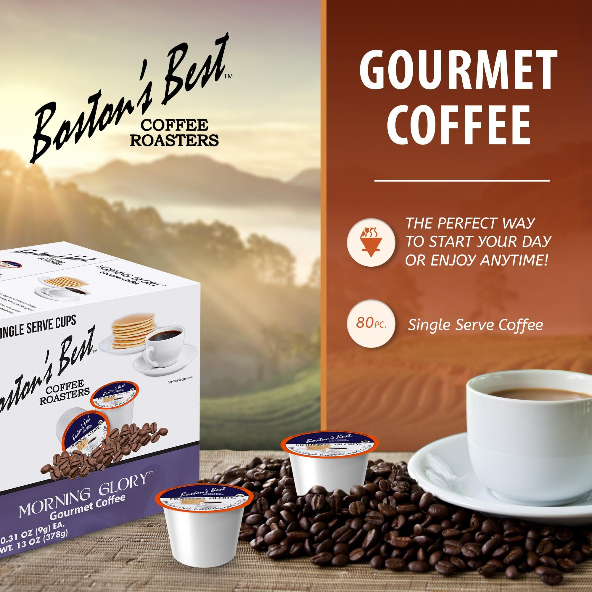 Bostons Best Coffee - Morning Glory Blend, Delicious Medium Dark Roast Coffee, Gourmet Coffee Compatible With Keurig Coffee Maker, 1 Count (80 Single Serve Cups)