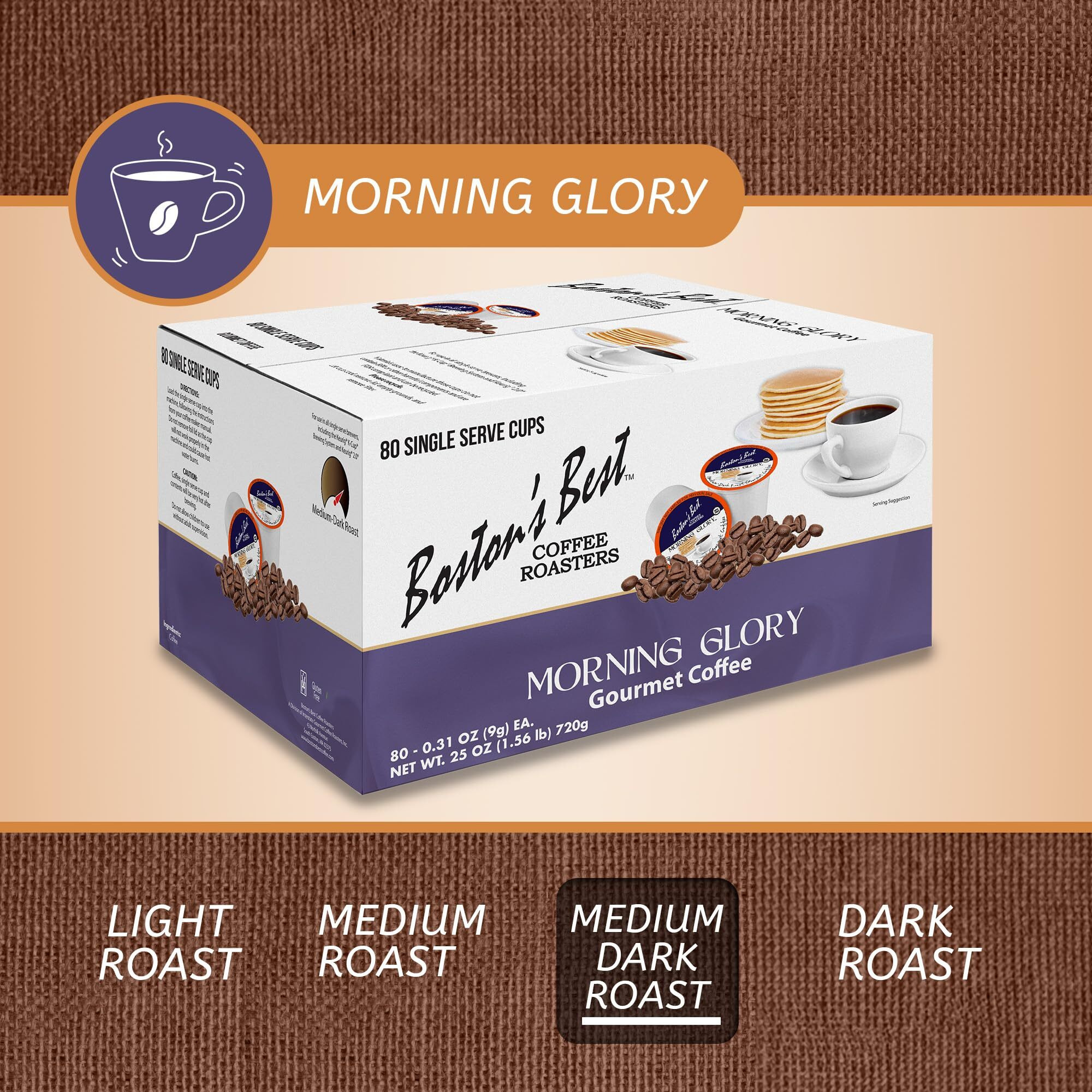 Bostons Best Coffee - Morning Glory Blend, Delicious Medium Dark Roast Coffee, Gourmet Coffee Compatible With Keurig Coffee Maker, 1 Count (80 Single Serve Cups)