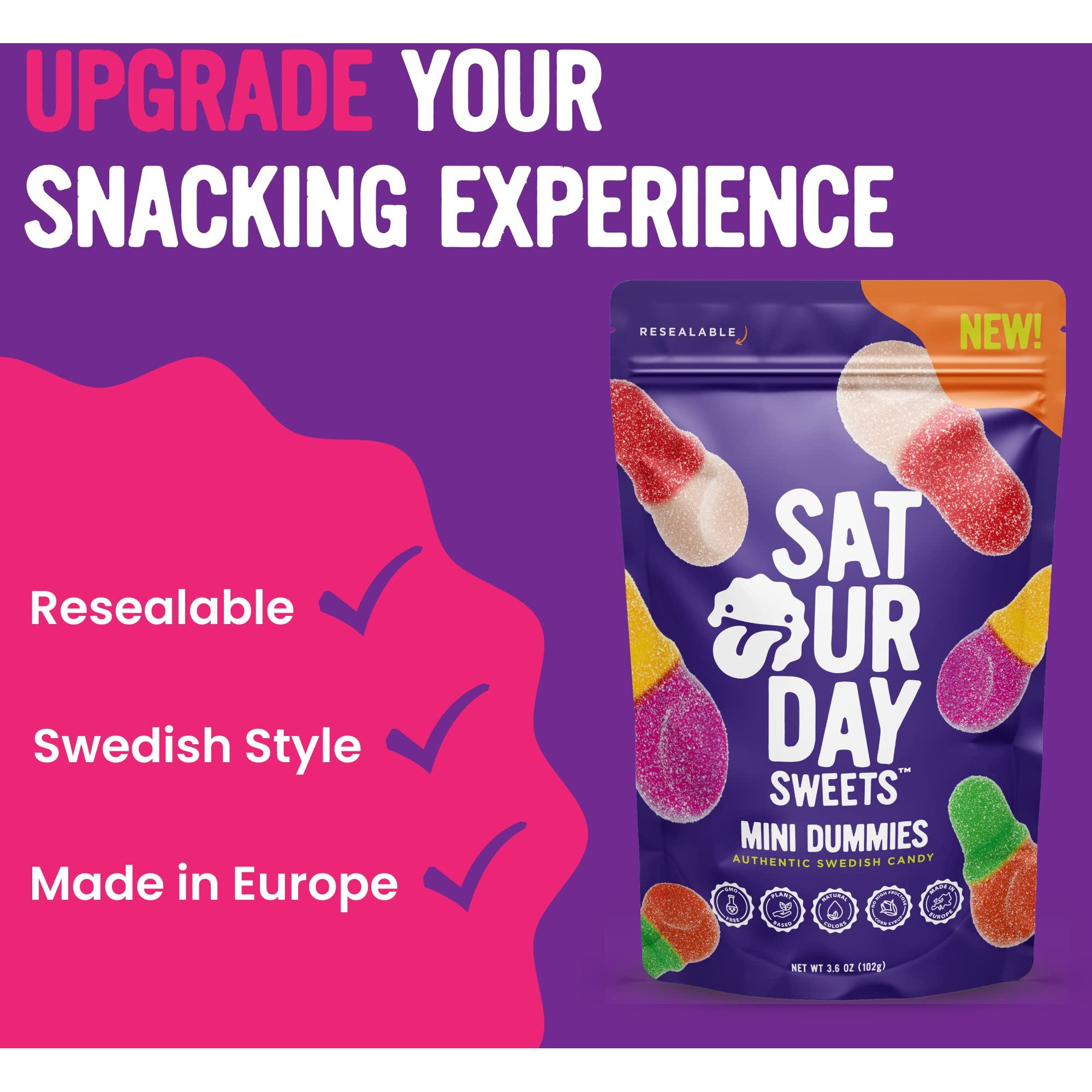 Saturday Sweets Mini Dummies | Authentic Swedish Candy | Low Calorie & Non-Gmo, Gelatin Free, No High Fructose Corn Syrup | Resealable, Made In Europe, Swedish Style | Better-For-You, Healthy Snacks For Adults & Kids (3 Pack)