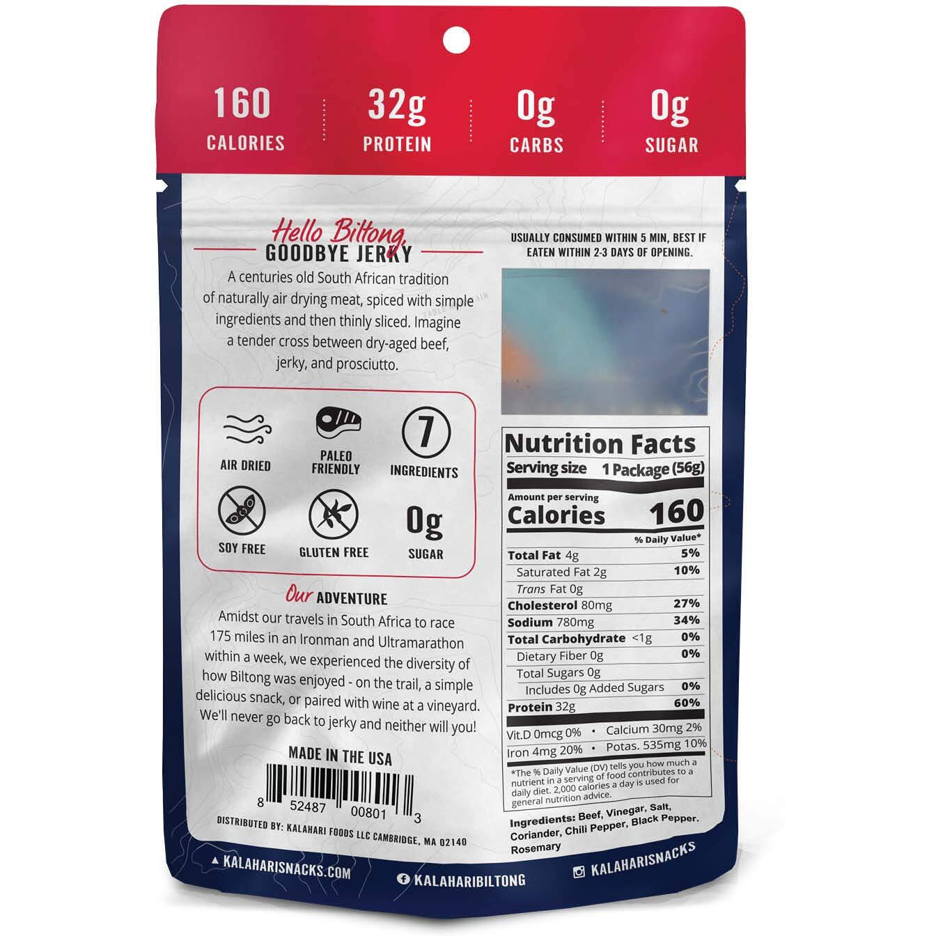 Spicy Peri Peri Kalahari Biltong, Air-Dried Thinly Sliced Beef, 2Oz (Pack Of 1), Sugar Free, Gluten Free, Keto & Paleo, High Protein Snack