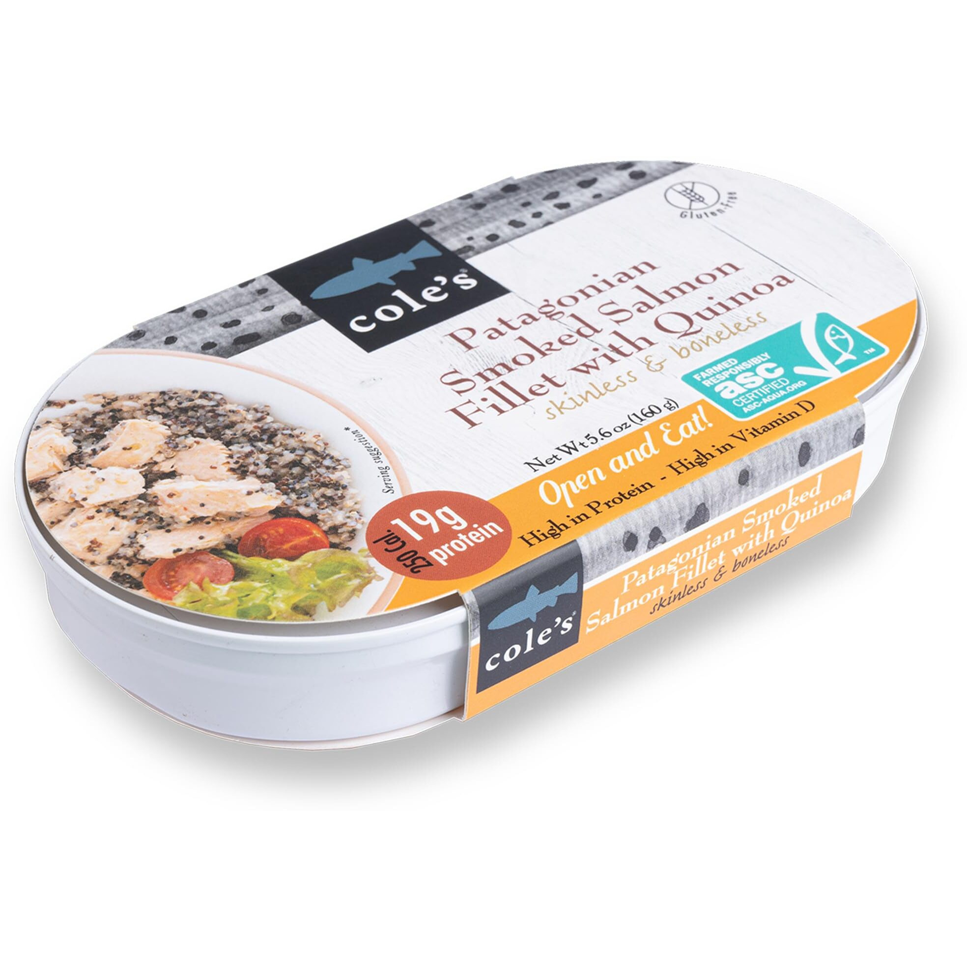 Coles - Patagonian Smoked Salmon Fillet With Quinoa | Ready To Eat Meal | 5.6 Oz Hand-Packed Canned Fish | 19G Protein | High In Vitamin D | Open & Eat