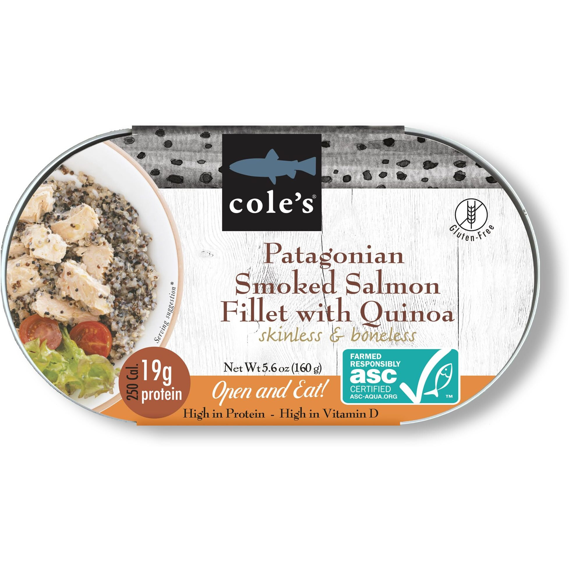 Coles - Patagonian Smoked Salmon Fillet With Quinoa | Ready To Eat Meal | 5.6 Oz Hand-Packed Canned Fish | 19G Protein | High In Vitamin D | Open & Eat