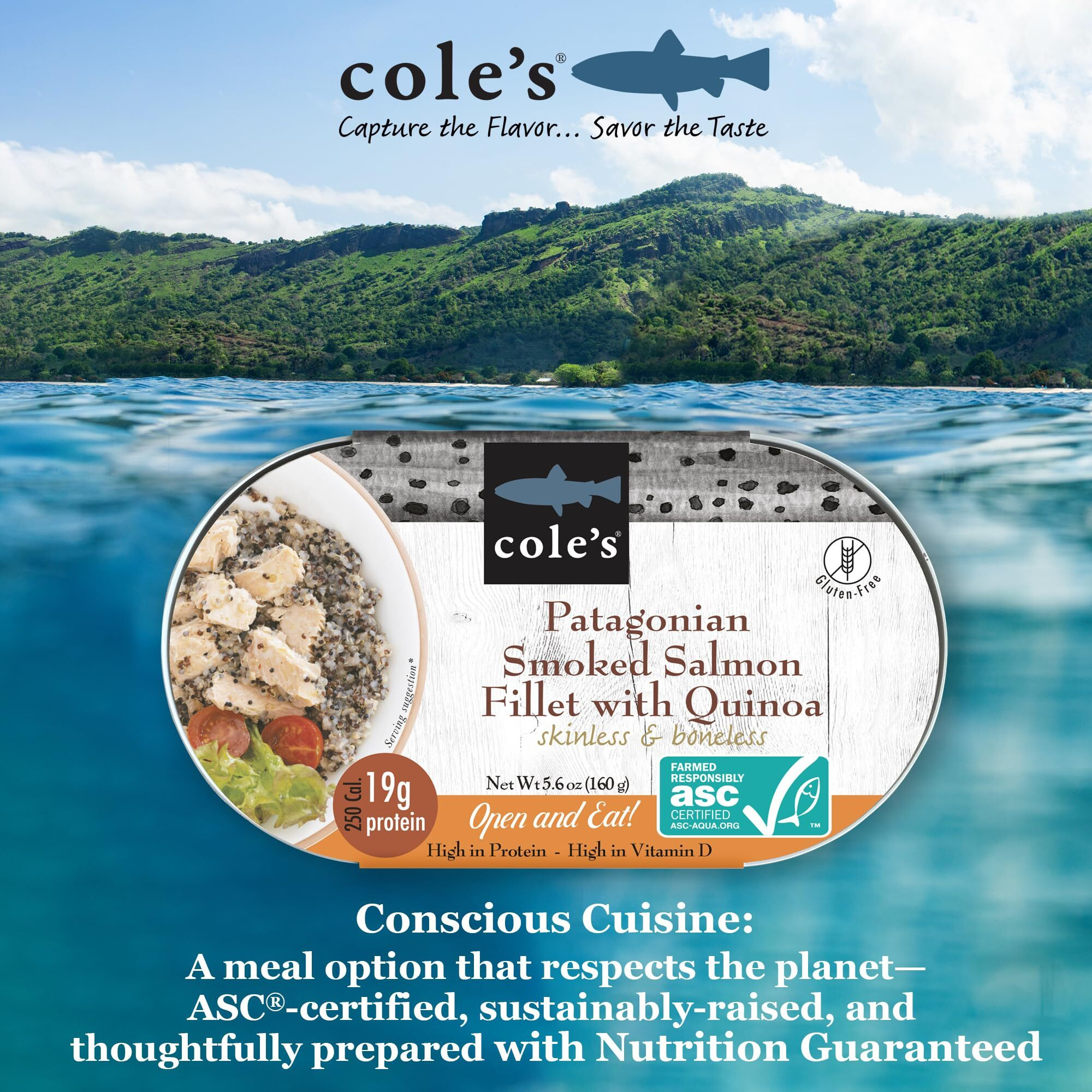 Coles - Patagonian Smoked Salmon Fillet With Quinoa | Ready To Eat Meal | 5.6 Oz Hand-Packed Canned Fish | 19G Protein | High In Vitamin D | Open & Eat