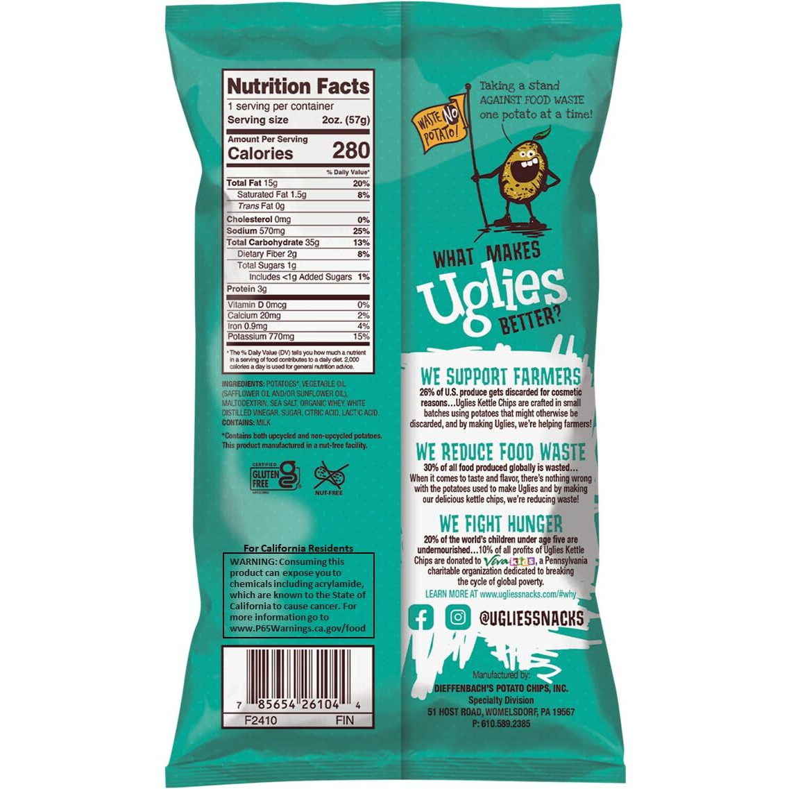 Uglies Kettle-Cooked Potato Chips, Gluten-Free Snacks, Kosher-Friendly, Non-Gmo Snacks For Kids Or Office, Lunch Snacks, Individual Snack Packs, Salt And Vinegar Potato Chips, 2 Oz. Each, Pack Of 12
