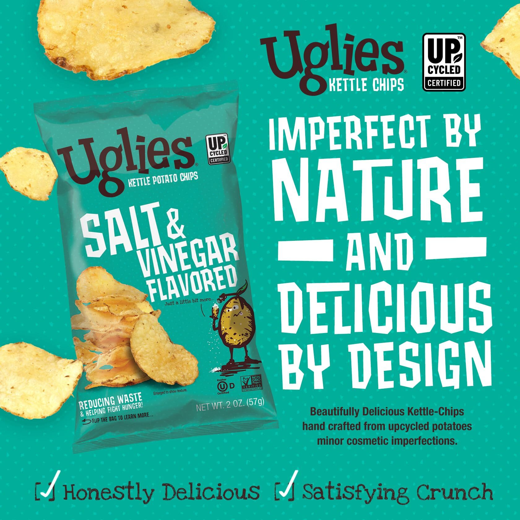 Uglies Kettle-Cooked Potato Chips, Gluten-Free Snacks, Kosher-Friendly, Non-Gmo Snacks For Kids Or Office, Lunch Snacks, Individual Snack Packs, Salt And Vinegar Potato Chips, 2 Oz. Each, Pack Of 12