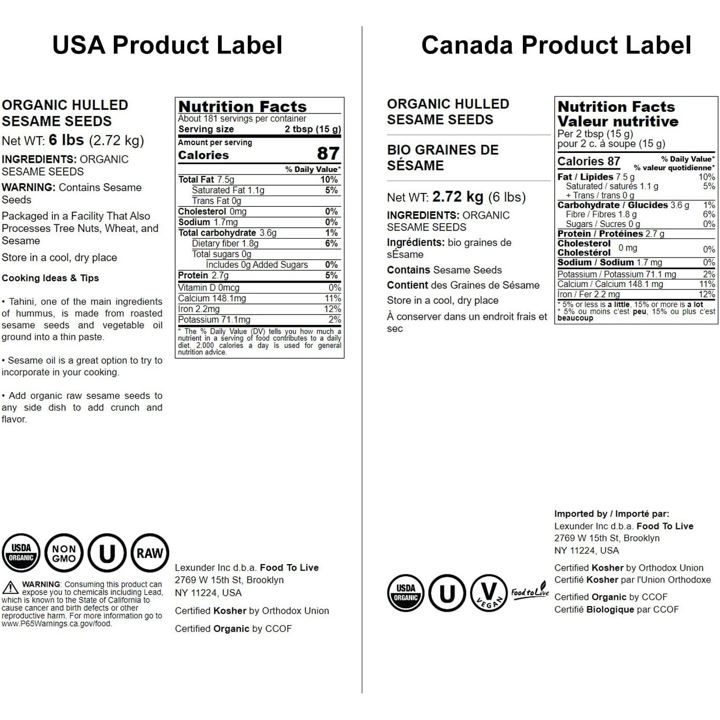 Food To Live Organic Hulled Sesame Seeds, 6 Pounds - Whole Raw White Sesame Seeds, Non-Gmo, Kosher, Vegan, Unroasted, Bulk. High In Iron, And Calcium. Perfect For Tahini Paste, Stir-Fries, And Salads.