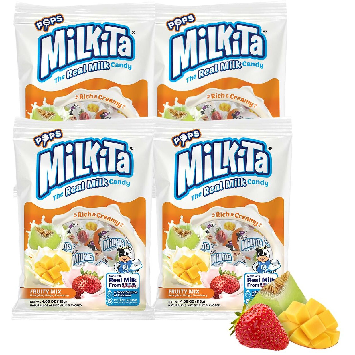 Milkita Creamy Shake Lollipop Pack Of 4, Gluten Free Chewy Candies With Calcium & Real Milk, Zero Trans Fat, Low-Sugar, Fruity Flavors (Strawberry, Honeydew, Mango), 40 Pcs