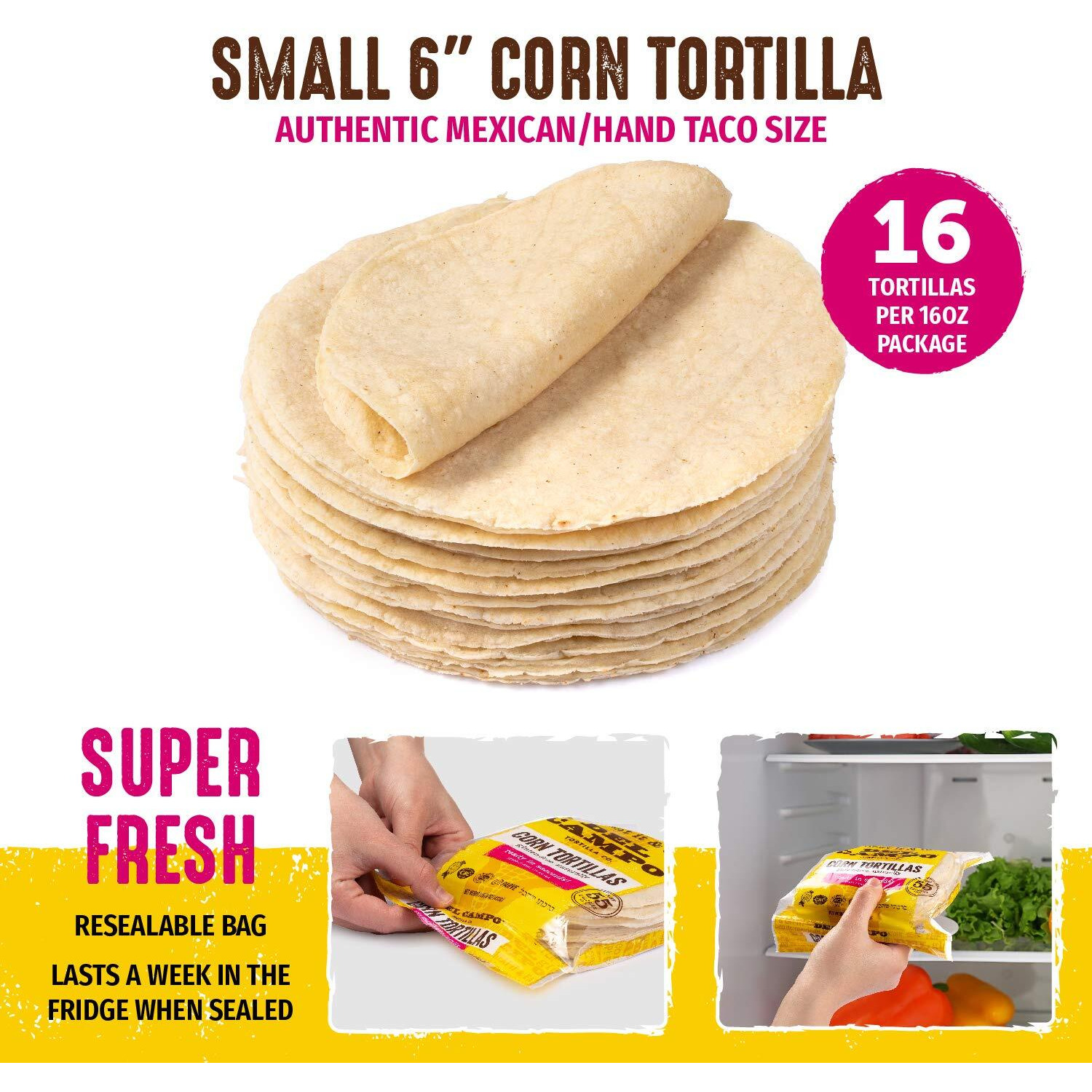 Del Campo Soft Corn Tortillas - 6 Inch Round 1 Lb. Bag. 100% Delicious, Gluten Free, Authentic Mexican Food. Serving Options Wraps, Tacos, Quesadillas Or Burritos. Kosher.16Ct./(Pack Of Two