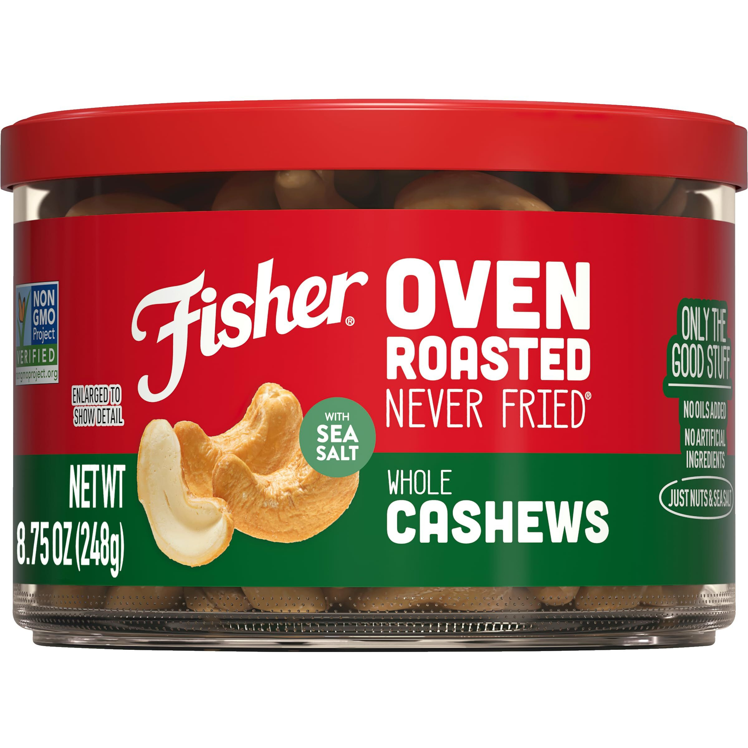 Fisher Snack Oven Roasted Never Fried, Sea Salt Whole Cashews, 8.75 Ounce