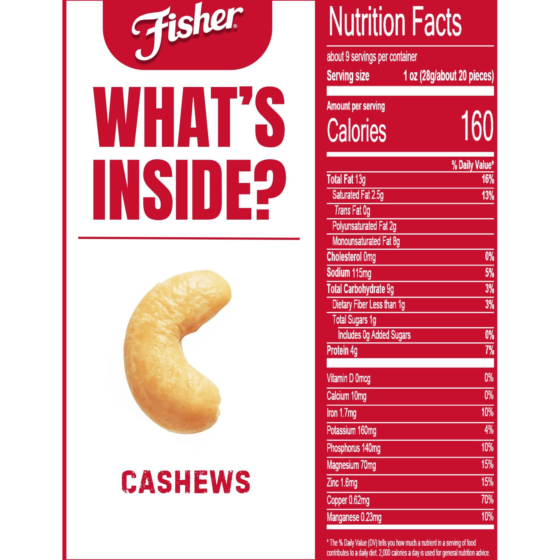 Fisher Snack Oven Roasted Never Fried, Sea Salt Whole Cashews, 8.75 Ounce