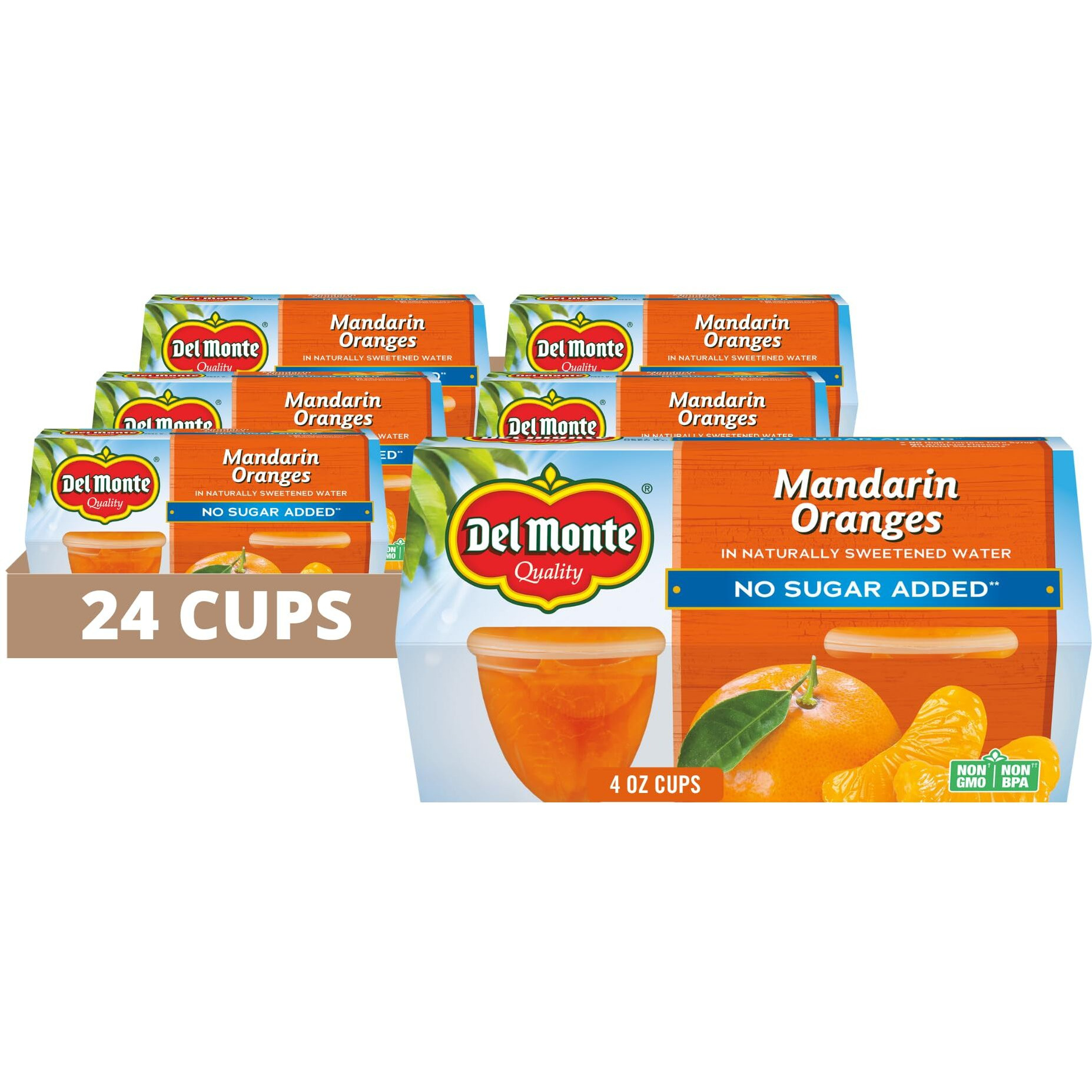 Del Monte Mandarin Oranges Fruit Cup Snacks In Naturally Sweetened Water, No Sugar Added, 24 Pack, 4 Oz