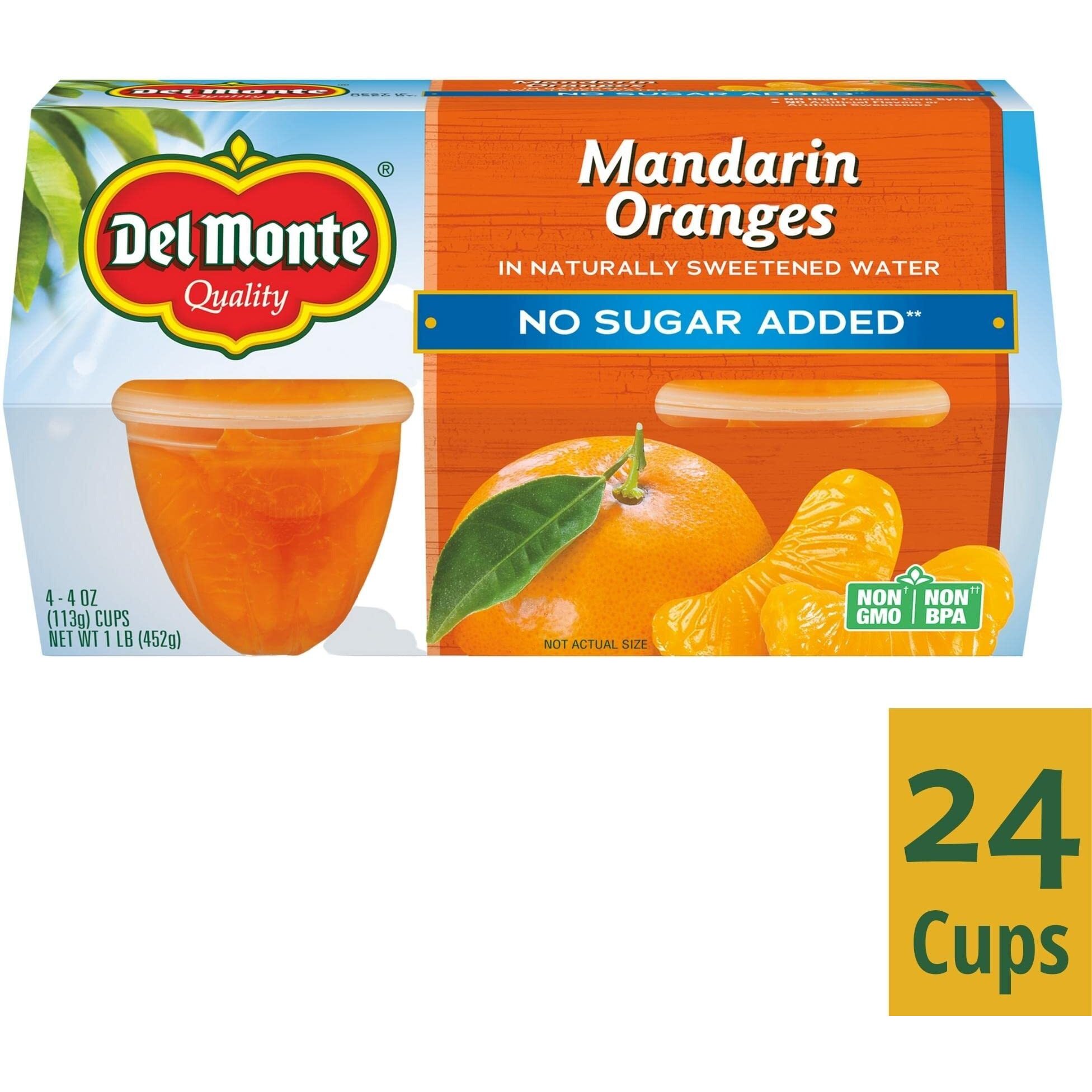 Del Monte Mandarin Oranges Fruit Cup Snacks In Naturally Sweetened Water, No Sugar Added, 24 Pack, 4 Oz