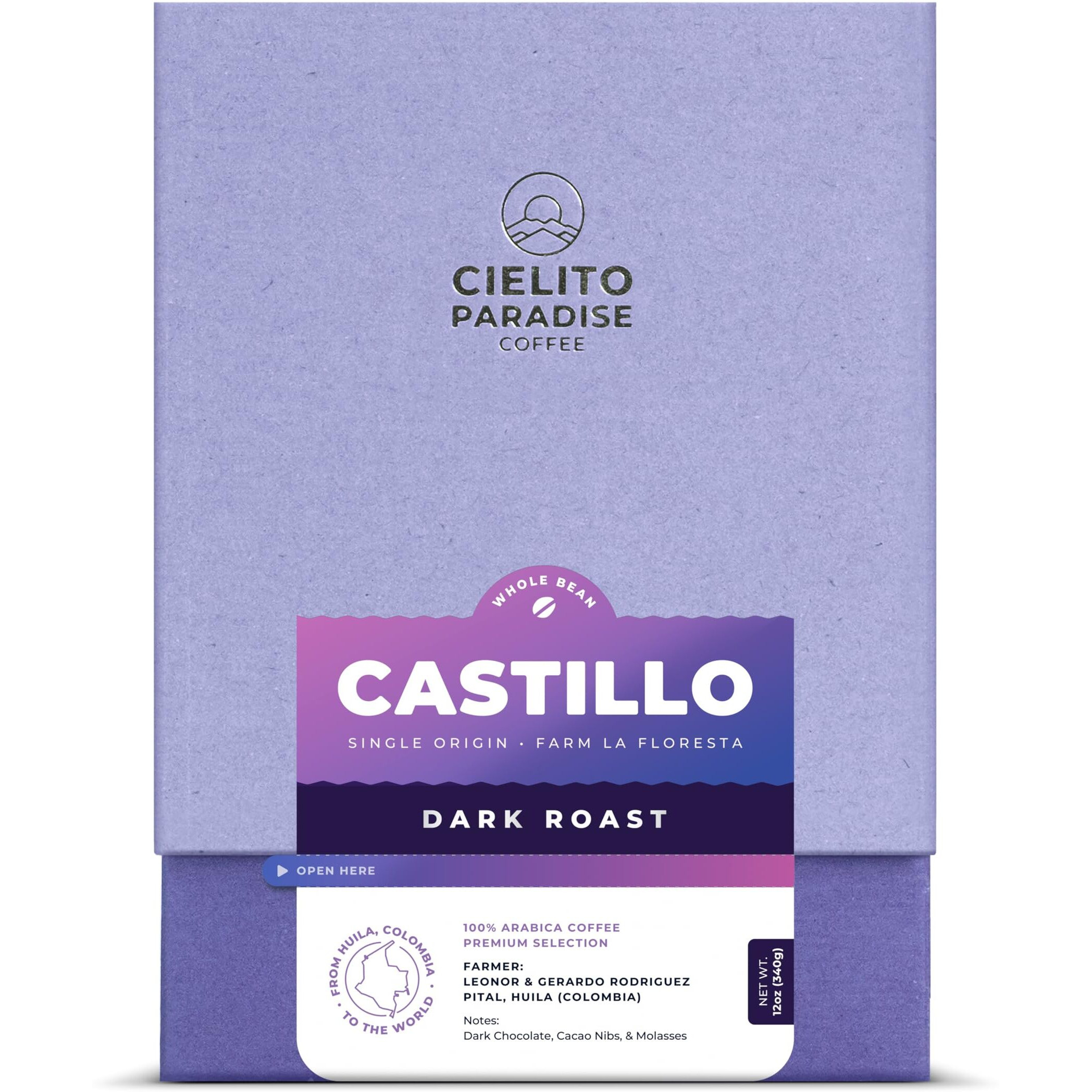 Castillo, Dark Roast Cielito Paradise Coffee Whole Bean Huila Colombia Single Origin, Versatile And Savory With Notes Of Dark Chocolate, Cacao Nibs, And Molasses, 12Oz