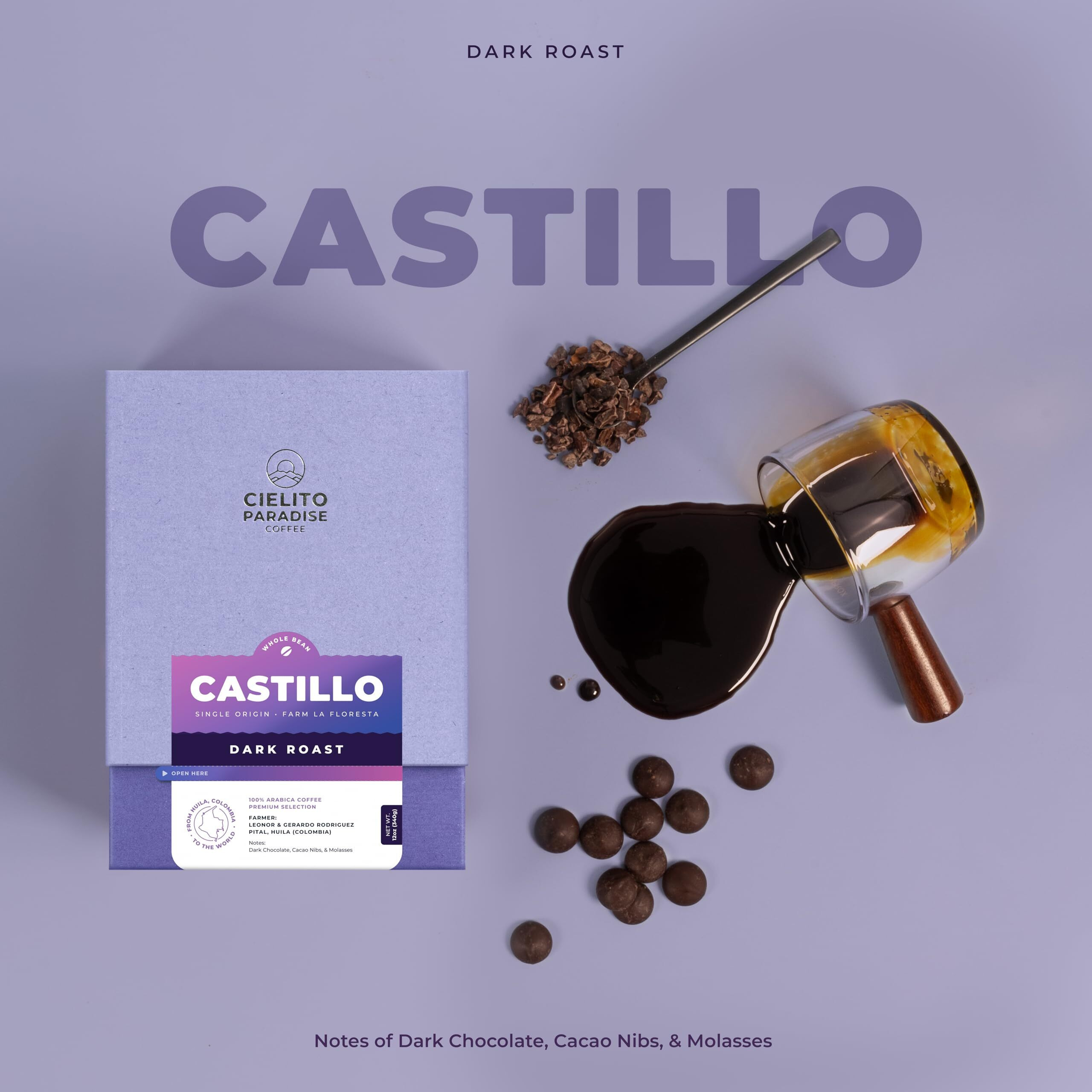 Castillo, Dark Roast Cielito Paradise Coffee Whole Bean Huila Colombia Single Origin, Versatile And Savory With Notes Of Dark Chocolate, Cacao Nibs, And Molasses, 12Oz