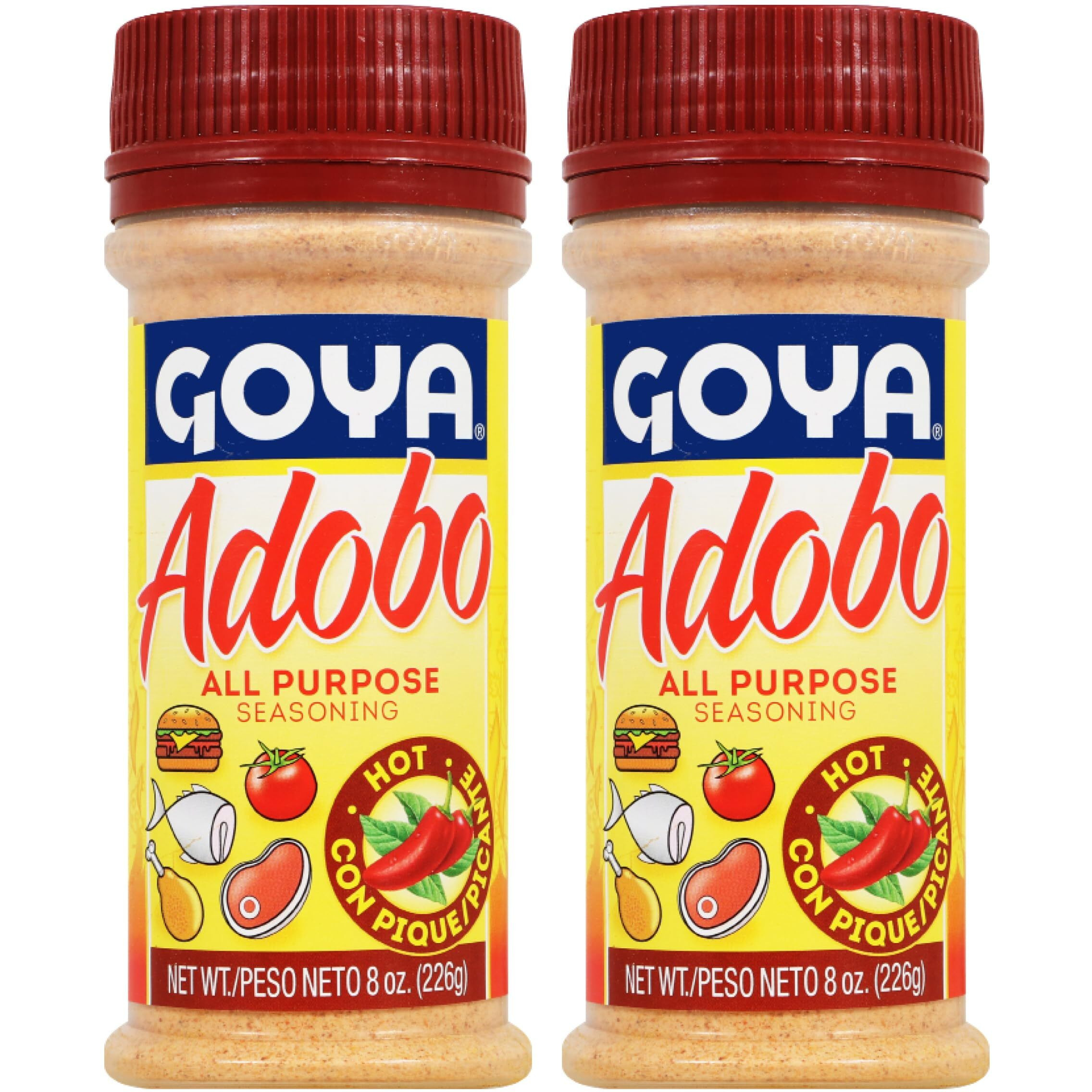 Adobo All Purpose Seasoning With Hot Pepper By Goya, Poultry, Seafood, Meat, And Vegetable Seasoning, Fat Free And Calorie Free Latin Spice Blend, Mexican Seasoning, Pack Of 2, 8Oz. Bottles
