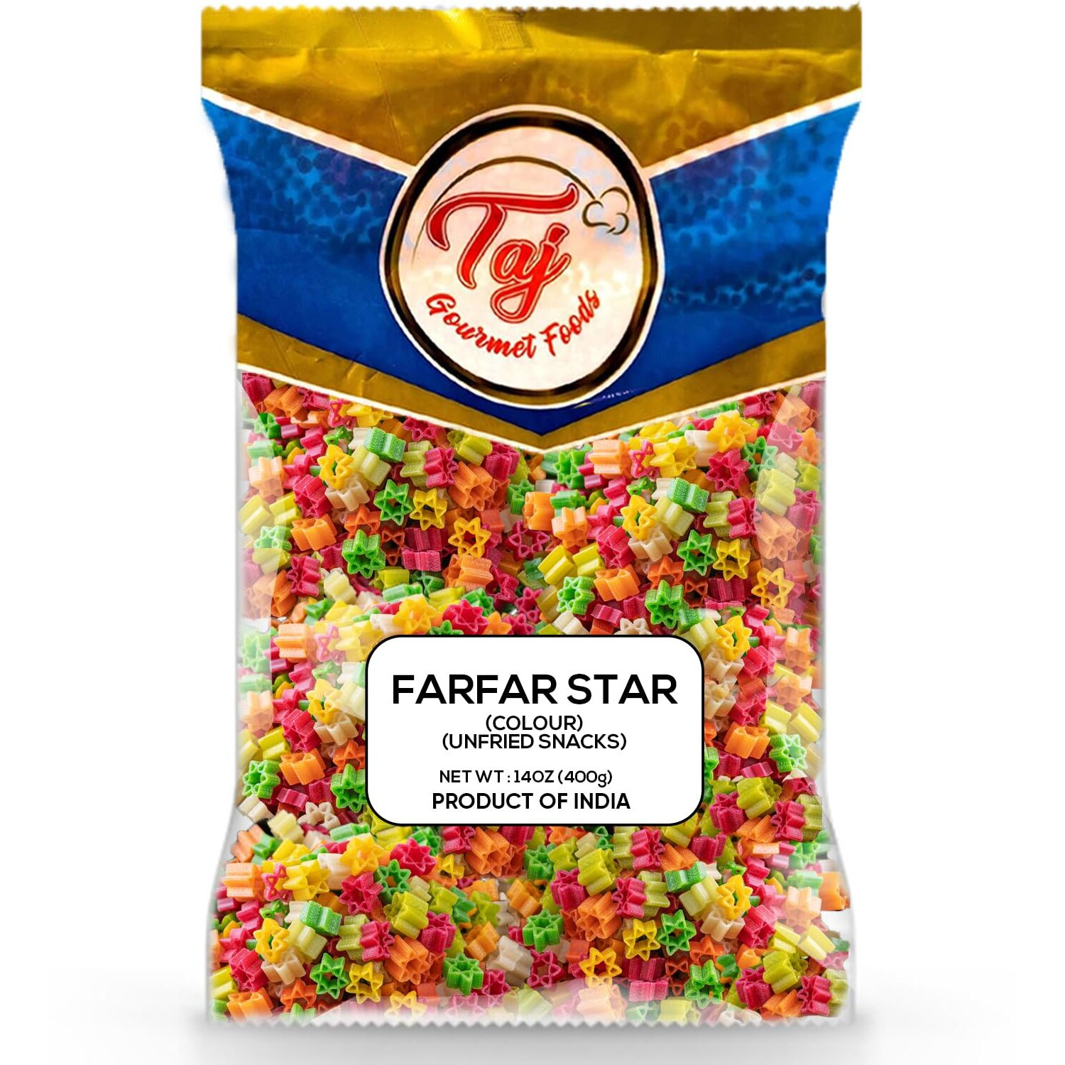 Taj Gourmet Farfar Fryums (Wheat Pellet Tube), 400G (Star)