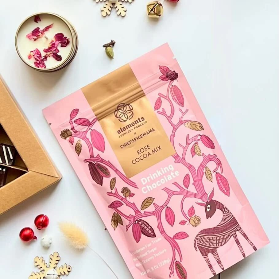 Elements Truffles Rose Essential Oil Hot Chocolate - Heavy Metal Tested- All-Natural, Handmade Hot Chocolate Mix - Uses Ecuadorian, Fair Trade, Organic Cacao Powder - Vegan Hot Cocoa Mix - 16 Oz