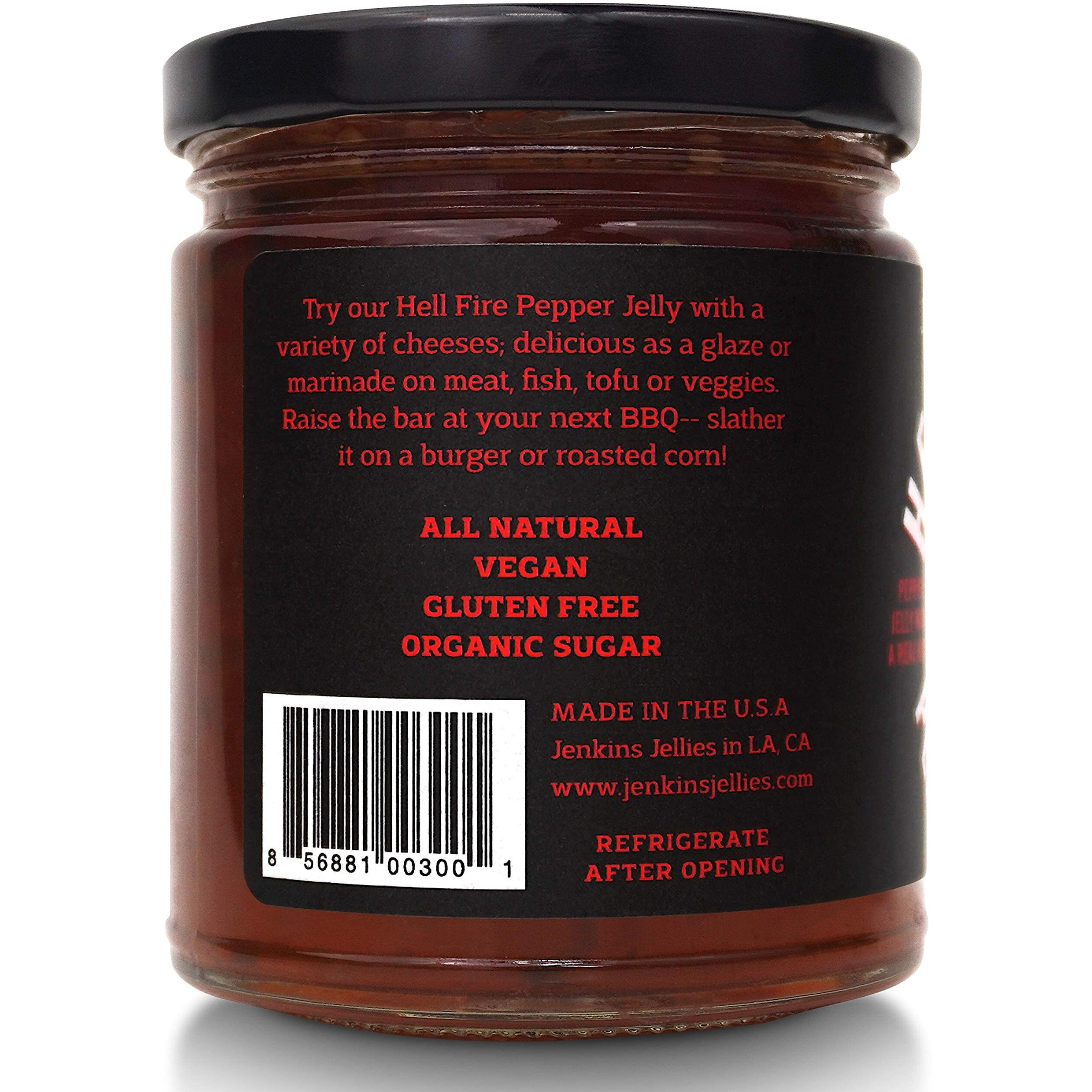 Jenkins Jellies Hell Fire Hot Pepper Jelly - Sweet & Spicy Jalapeo Jelly - Gluten Free, Vegan Pepper Jam - Use As A Glaze, Dipping Sauce, Or Dessert Topping - All Natural & Usa Made - 11 Ounces