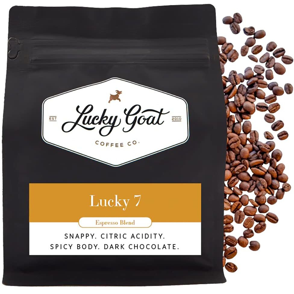 Lucky Goat Espresso Blend Whole Bean Coffee - Lucky 7 - Snappy, Spicy Body, Citric Acidity, Dark Chocolate, Complex - Medium Roast, 12 Ounce Bag, 100% Arabica