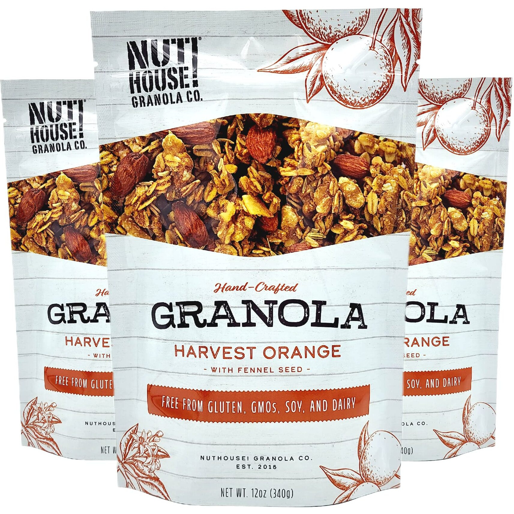 Nuthouse Granola Company - Premium Harvest Orange Granola | Certified Gluten-Free, Non-Gmo, Kosher | Vegan, Soy-Free | 12 Oz. Bag (3-Pack)